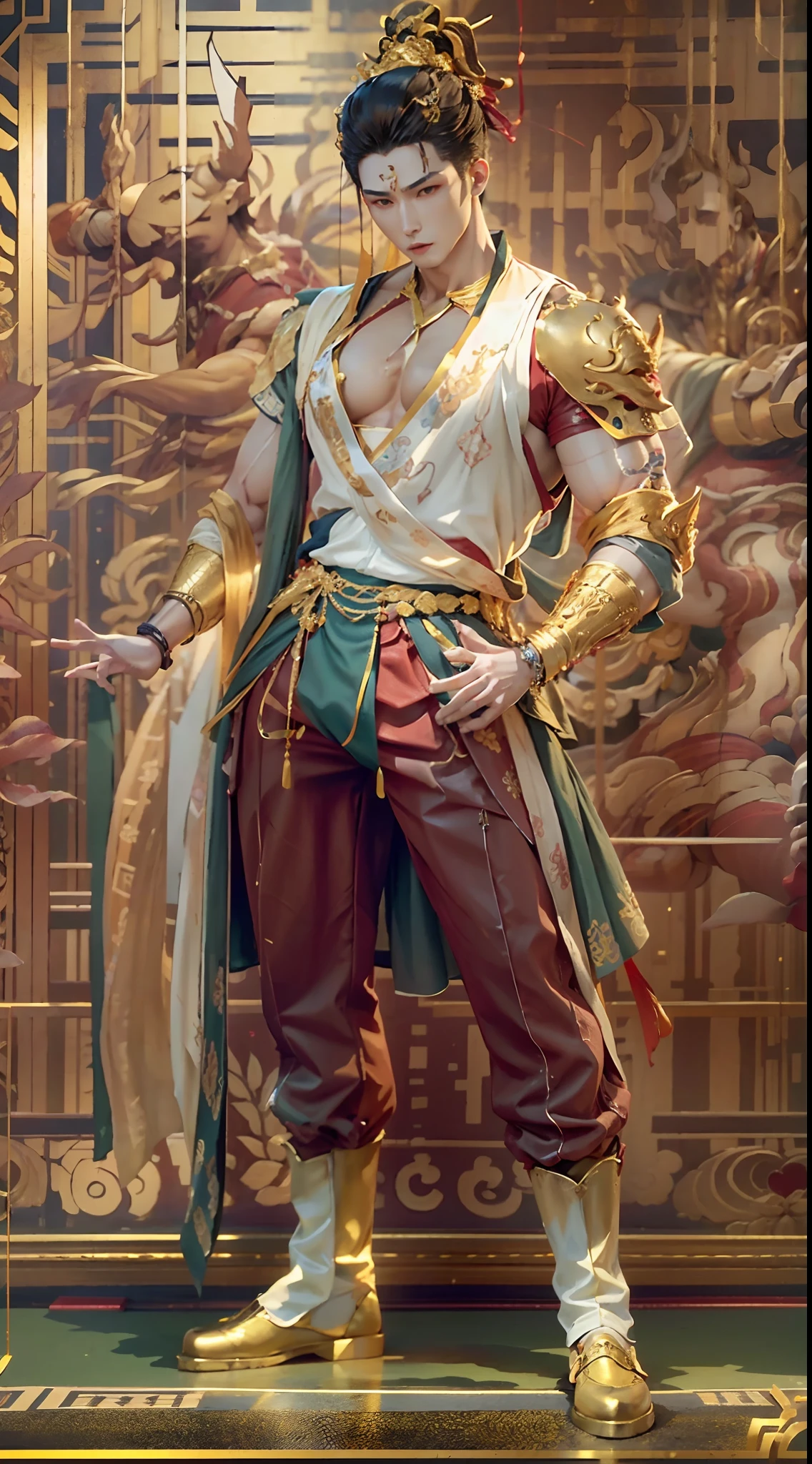 Sculpture design,male people,Figures,GK model,(The whole body of the character),Expose muscles,(sexy for),(Exquisite base),The colors of the clothes are gold and white,Transparent texture,Wu Yifan,musculous