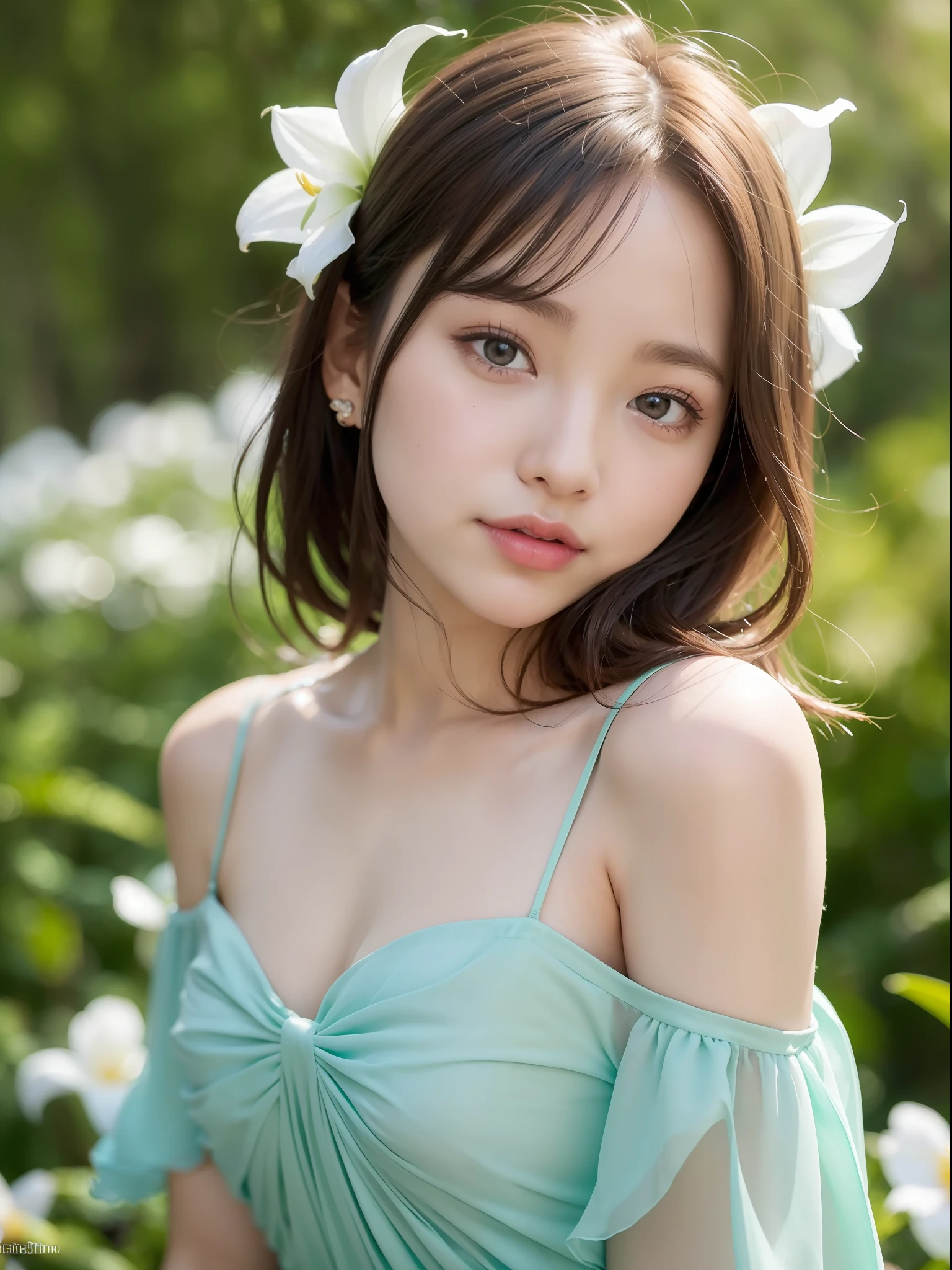 ((of the highest quality, 8K, masutepiece: 1.3, Raw photo)), Sharp Focus: 1.2, (1 AESPA Girl :1.1), (Solo: 1.2), (Realistic, Photorealistic: 1.37), (Face Focus: 1.1), Cute face, hyper detailed face, Small breasts, flat chest, Short messy hair, Small Smile, (off-shoulder chiffon dress:1.3), sleeping pose, garden, Glory lily