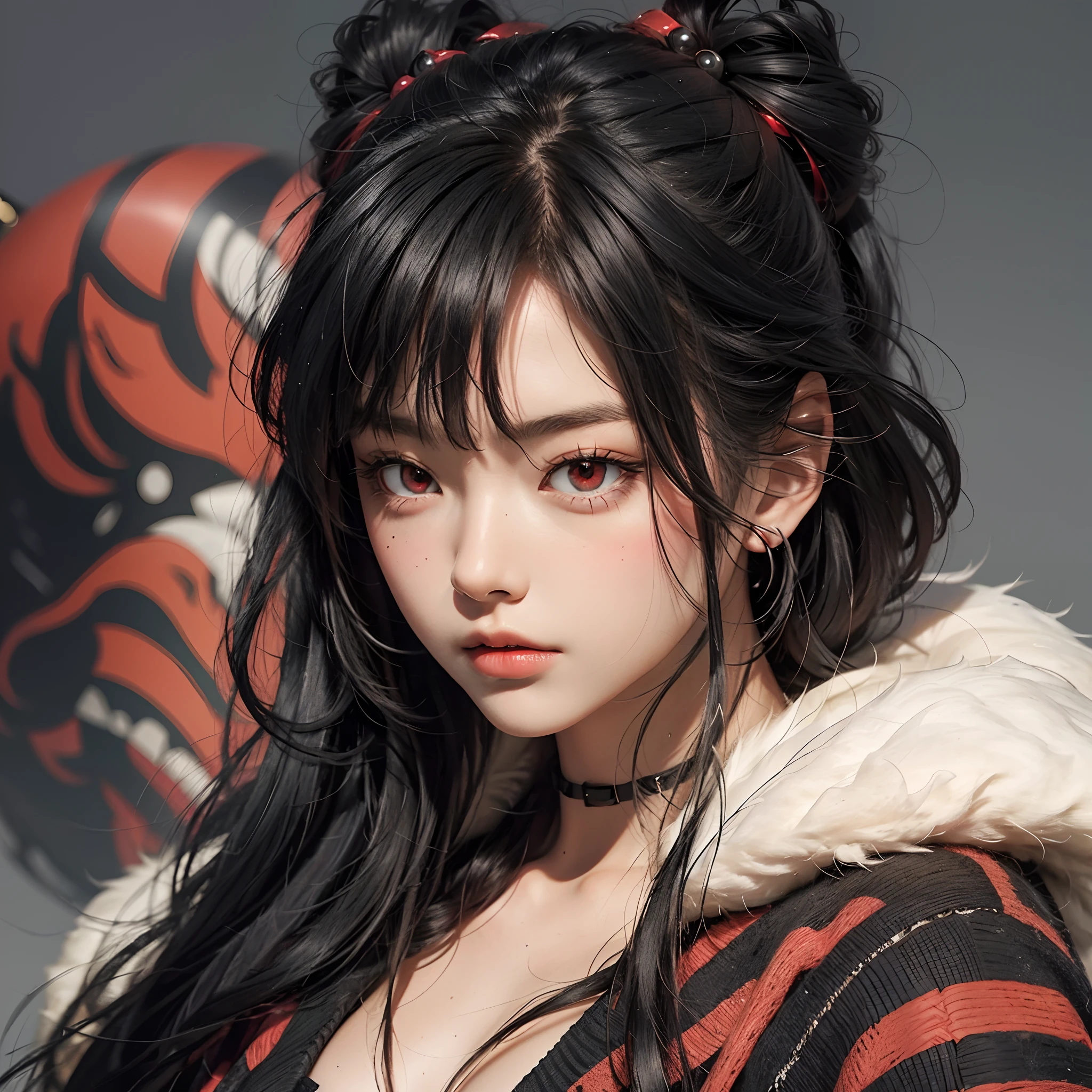 Close-up of a black haired girl with red eyes