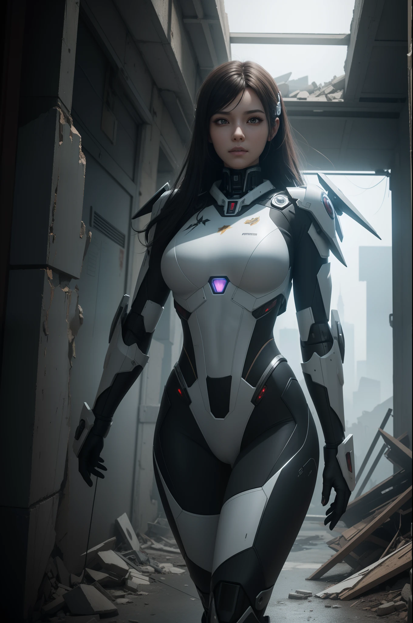 ((Best quality)), ((masterpiece)), (highly detailed:1.3), 3D,Shitu-mecha, beautiful cyberpunk women with her mecha in the ruins of city from a forgoten war, ancient technology,HDR (High Dynamic Range),Ray Tracing,NVIDIA RTX,Super-Resolution,Unreal 5,Subsurface scattering,PBR Texturing,Post-processing,Anisotropic Filtering,Depth-of-field,Maximum clarity and sharpness,Multi-layered textures,Albedo and Specular maps,Surface shading,Accurate simulation of light-material interaction,Perfect proportions,Octane Render,Two-tone lighting,Low ISO,White balance,Rule of thirds,Wide aperature,8K RAW,Efficient Sub-Pixel,sub-pixel convolution,luminescent particles,light scattering,Tyndall effect