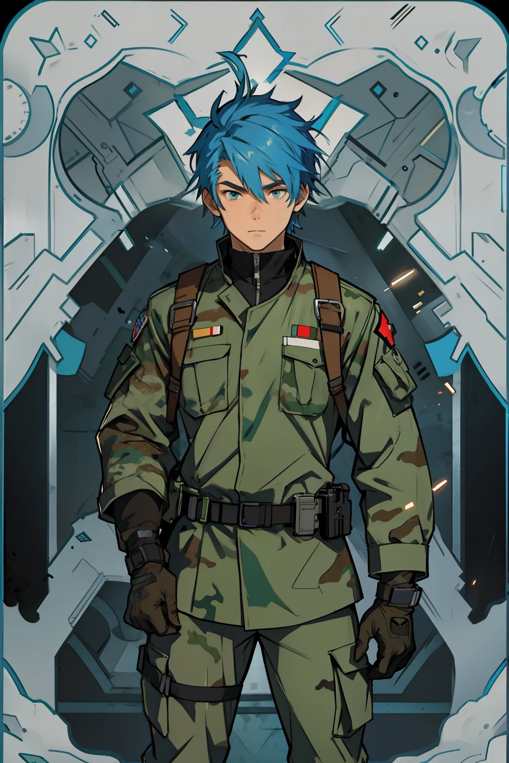 Young male combat medic with shoulder-length blue hair, wearing camo combat rig