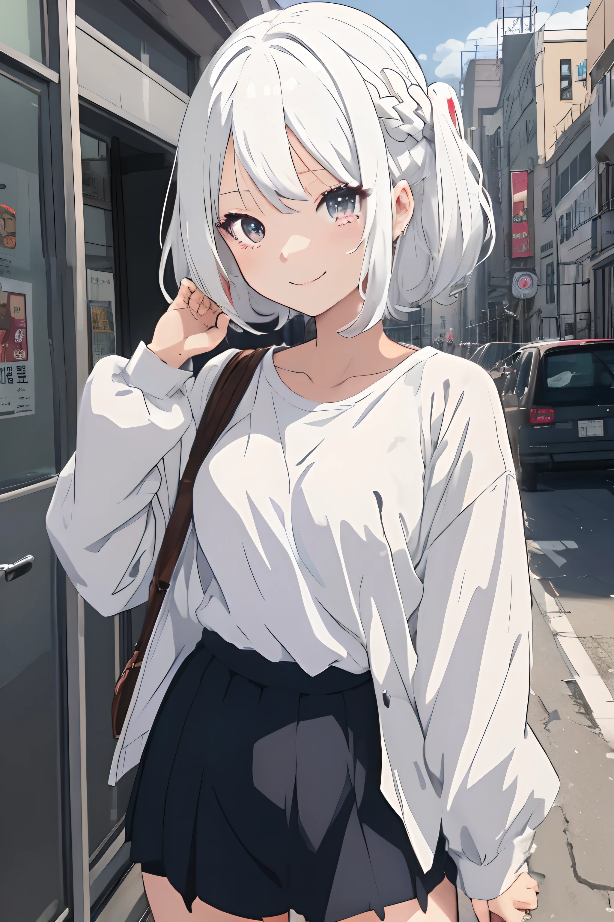 anime girl, square hairstyle, white hair, smile, shirt, 2000's