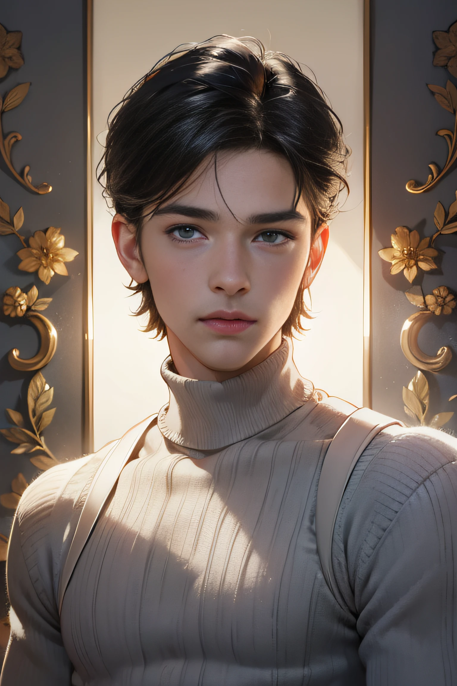 portrait of a Beautiful 28 year old man, (masterpiece:1.3), (8k, photorealistic, RAW photo, best quality: 1.4), (1 man), manly neat face, (realistic face), (black hair, short hair:1.3), beautiful hairstyle, realistic eyes, beautiful detailed eyes, (realistic skin), beautiful skin, (turtleneck sweater), absurdres, attractive, ultra high res, ultra realistic, highly detailed, golden ratio