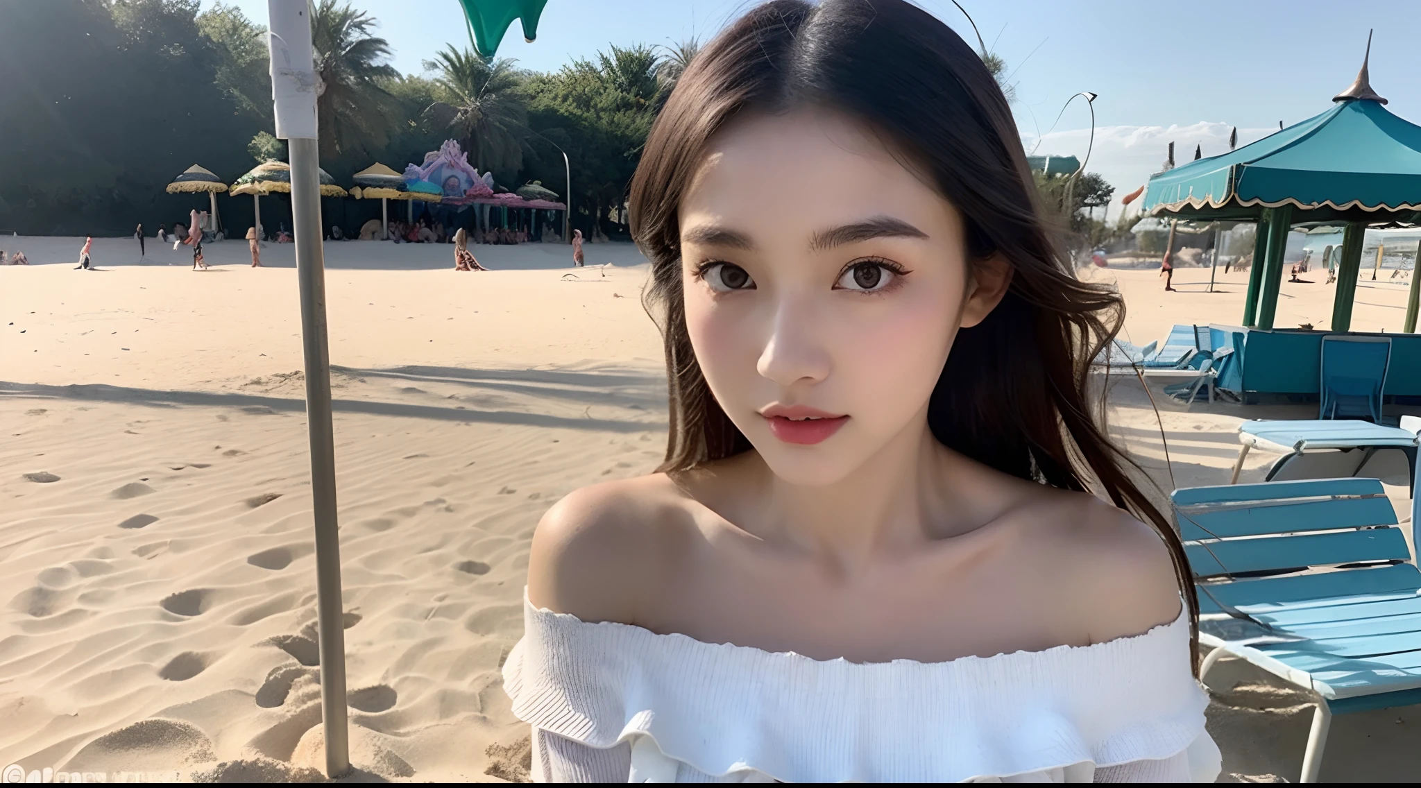 (High-resolution 8K raw photos are realistic,best qualtiy,),(Stylish long-sleeved off-the-shoulder top，Mini water pattern skirt),(half-body shots，Close-up),(Brown hair),Skinny and small,beautidful eyes,Super detailed face,Beautiful woman,tight-fitting,Big breasts Thin waist,Bigchest,Teenage uncensored,cute female ,Glowing skin,20yr old,(beachside，sandbeach，An amusement park，rays of sunshine:1.3)，Sharpen,Chiffon,Gauze skirt，lacing，Front light，(Solo:1.2,),cleavage