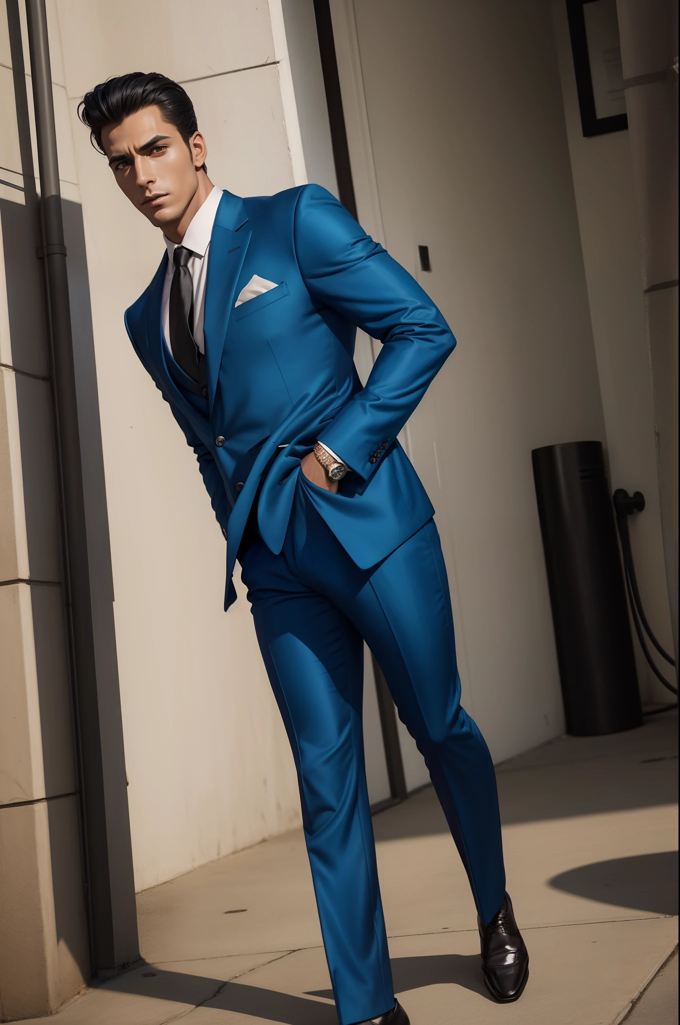 "Handsome man in a stylish Zoot Suit with a confident pose and suave expression."