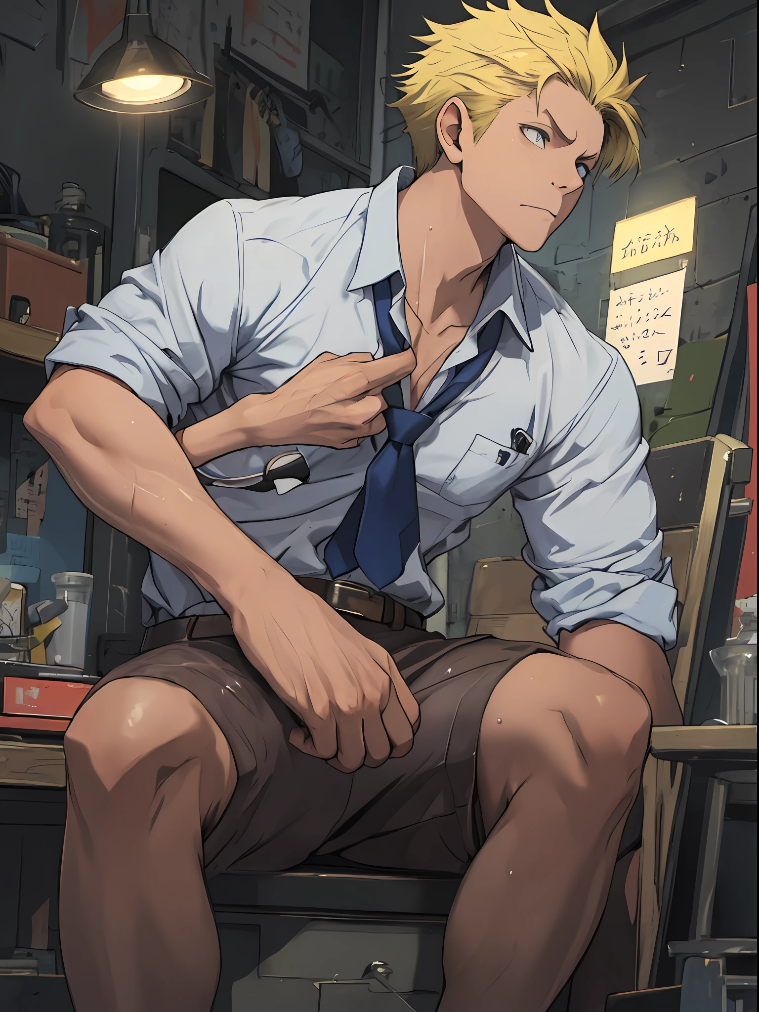 (1 Adult male),A high resolution, Sharp focus, Pixiv masterpiece, ((Complicated details)), highly detailed, natsuki_subaru, 1 man, Lazy,full bodyesbian,sit astride,Tired,decadent, blue color eyes(eyes glowing), Short yellow hair,white shirt,Wear a tie,Wear a belt,perspire,Drenched,Get wet,look from down