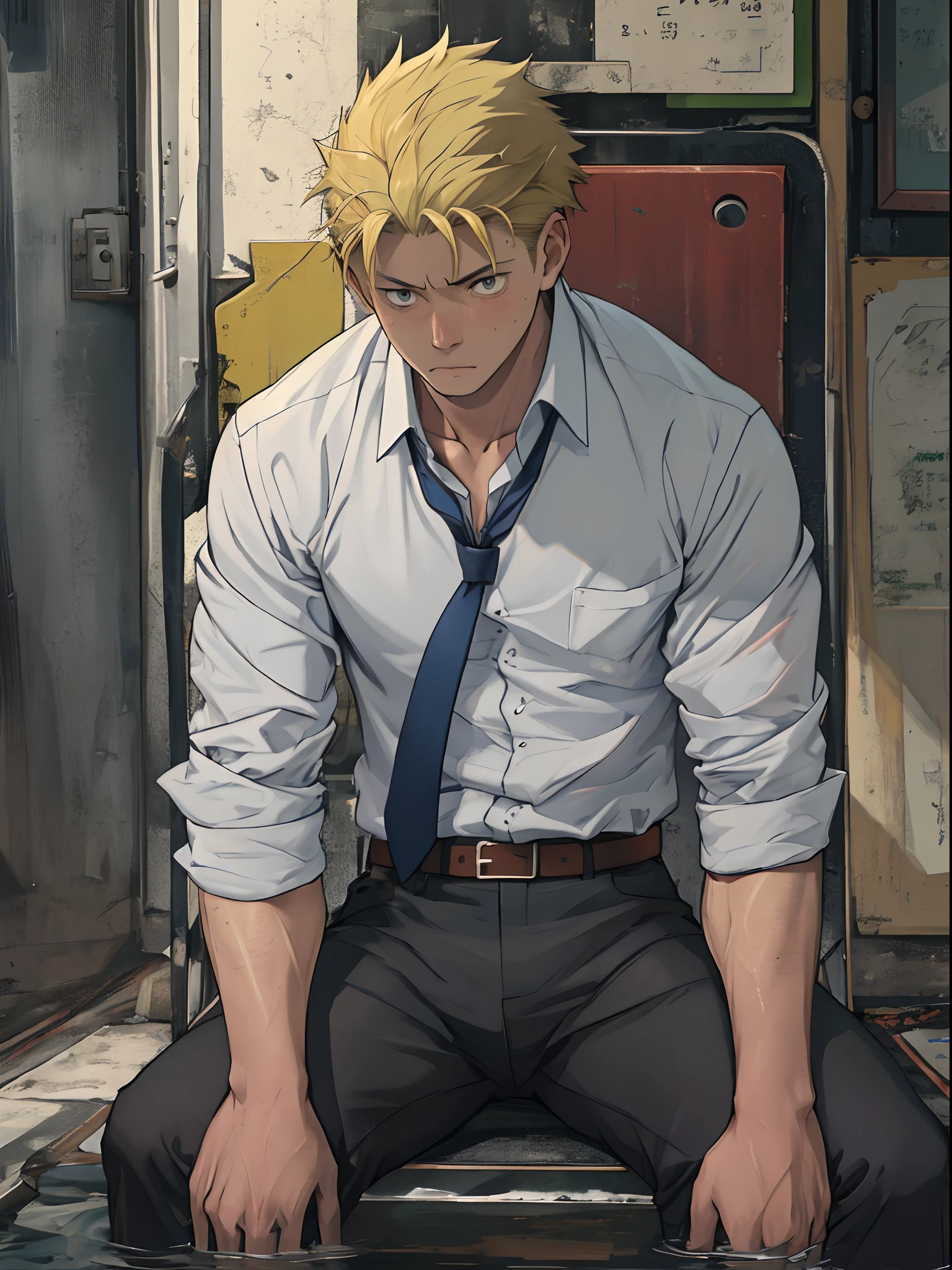 （1 Adult male），A high resolution， Sharp focus， Pixiv masterpiece， （（Complicated details））， highly  detailed， natsuki_subaru， 1 man， Lazy，full bodyesbian，sit astride，Tired，decadent， blue color eyes（eyes glowing）， Short yellow hair，white  shirt，Wear a tie，Wear a belt，perspire，Drenched，Get wet，look from down
