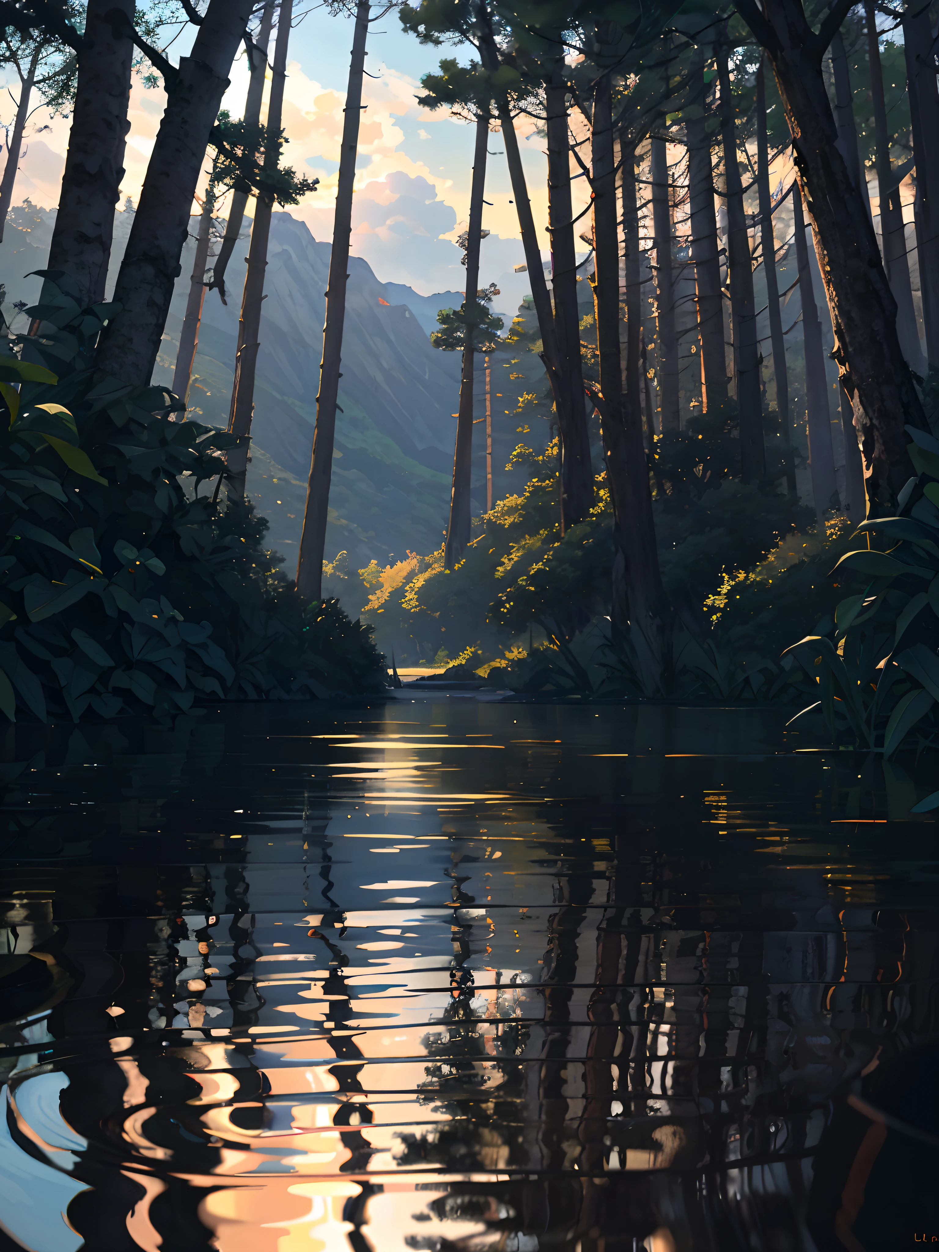 wallpaper, summer, lake, dawn, forest, detailed forest, clouds, masterpiece, cinematic, soft light, depth of field, ray tracing, reflection in water, realism, ulra detailed,