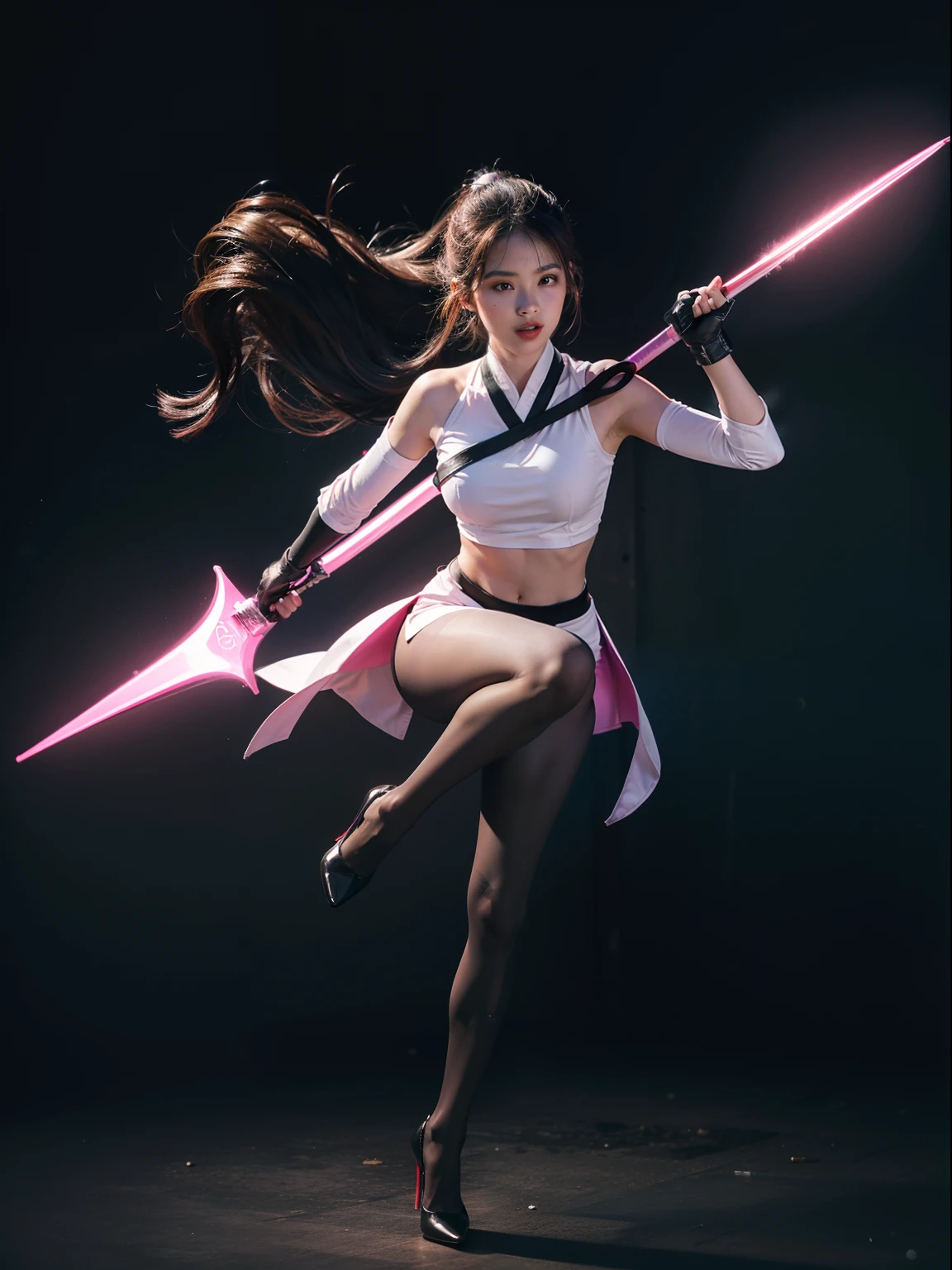 (full body:1.5),(looking at viewer:1.4),(anatomy correct:1.3), (Wearing Pantyhose, pointed toe high-heeled, and Female Ninja Set,And hold weapons:1.2), (Combat posture:1.3),(In pink|amarelo|blue colors|green color|red colour|white colors|black in color|purpleish color|greys|Beige|Flesh color 1.4),(Accurate and perfect face:1.4),(Clothing Gloss:1.3),A shallow laugh,,hyper HD, Ray traching, reflective light,structurally correct, Award-Awarded, high detal, lightand shade contrast, Face lighting,cinmatic lighting, tmasterpiece, super detailing, high high quality, high detal, best qualityer, 16k,high contrast,