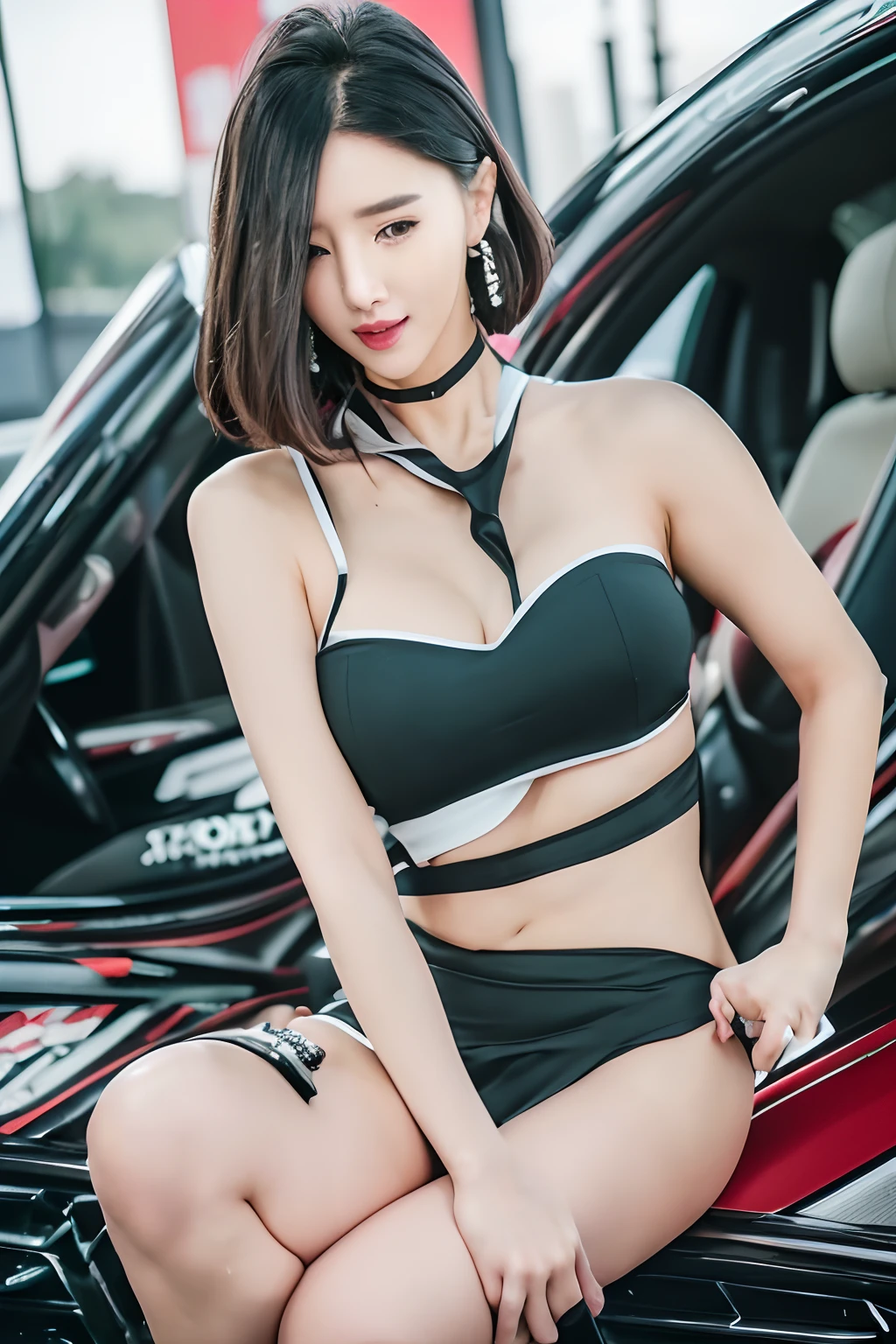 (8k, RAW photo, best quality, masterpiece:1.2), (realistic, photo-realistic:1.37), ultra-detailed, 1 girl,cute,before a car, solo,beautiful detailed sky,(nose blush),(smile:1.1),(closed mouth) medium breasts,beautiful detailed eyes,jewelry, earrings, dress, looking at viewer, cosplay, brown eyes,(short hair:1.2),floating hair