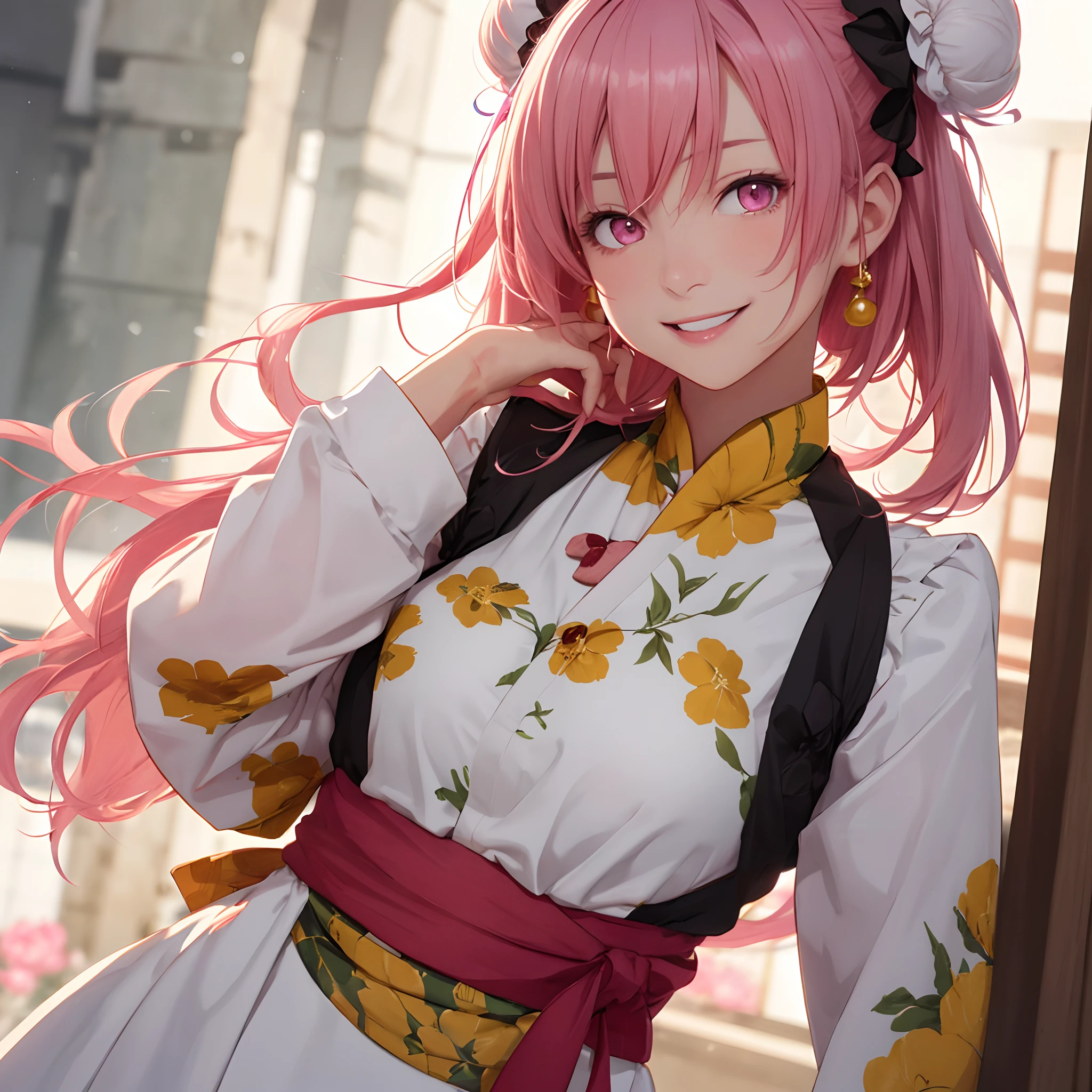 looking at viewer, flat chest, photorealistic, (mature female:1), masterpiece, best quality, (upper body), ibaraki kasen, kasen ibaraki, 1girl, (solo), (smile:1), (happy:1.2), pink hair, (pink eyes), double bun, bun covers, tabard, yellow floral print, puf...