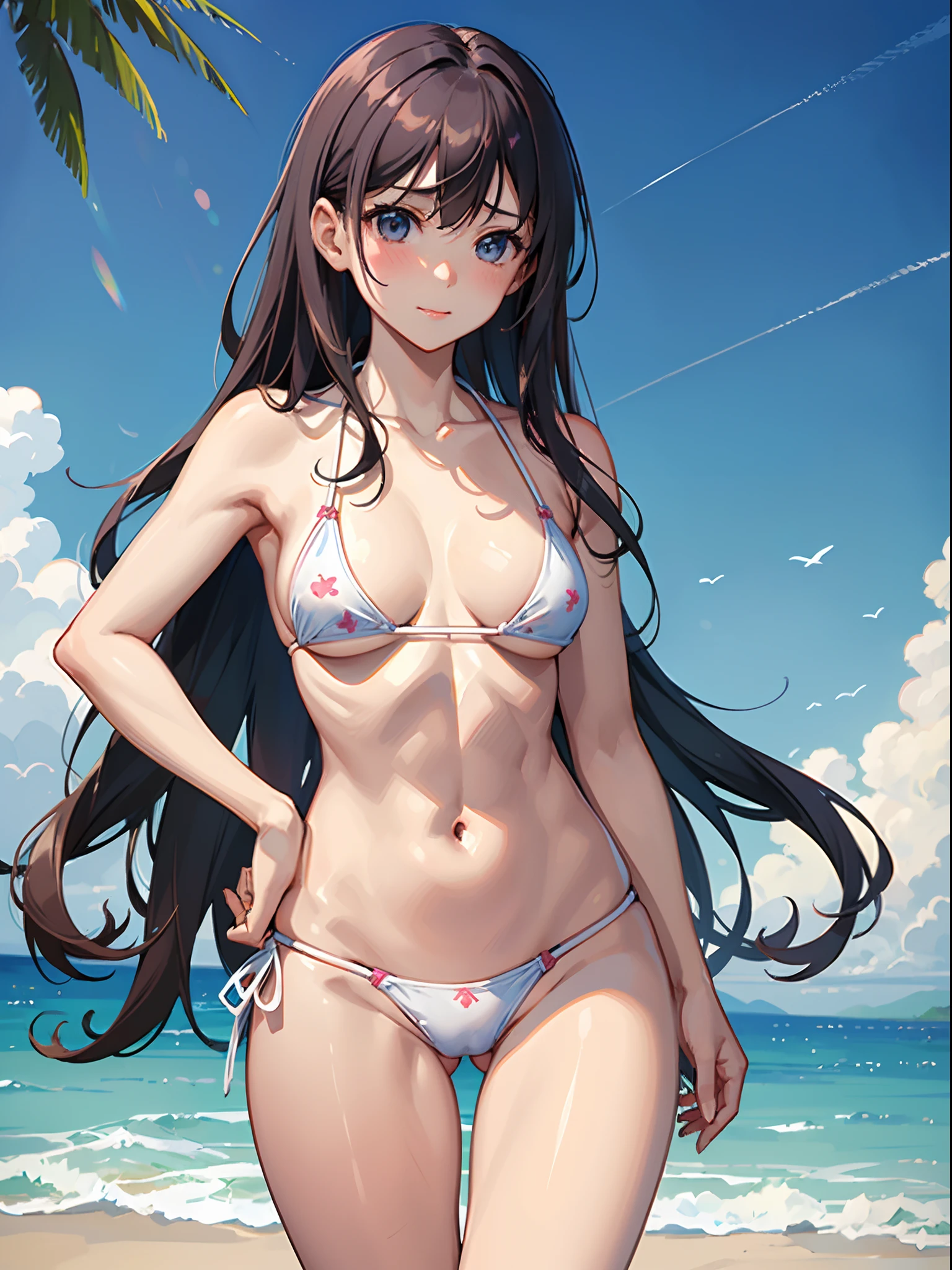 (​masterpiece), (top-quality), (Ultra Small Bikini:1.5), (blushed face:1.3), (hide crotch with both hands:1.3),  (Spilling boobs:1.4), (realistic:1.2), under the boobs, side boob is visible,  naked, 1 , precise hands, Embarrassed look, Smile, Very cute girl, s, Shining eyes, (The bikini is about to come off:1.5), small breast, Tummy is visible, cleavage of the breast is visible, the lower abdomen is visible, The crotch is visible, The beautiful skin, ultra-definition, Top resolution, japan high school student, golden hair