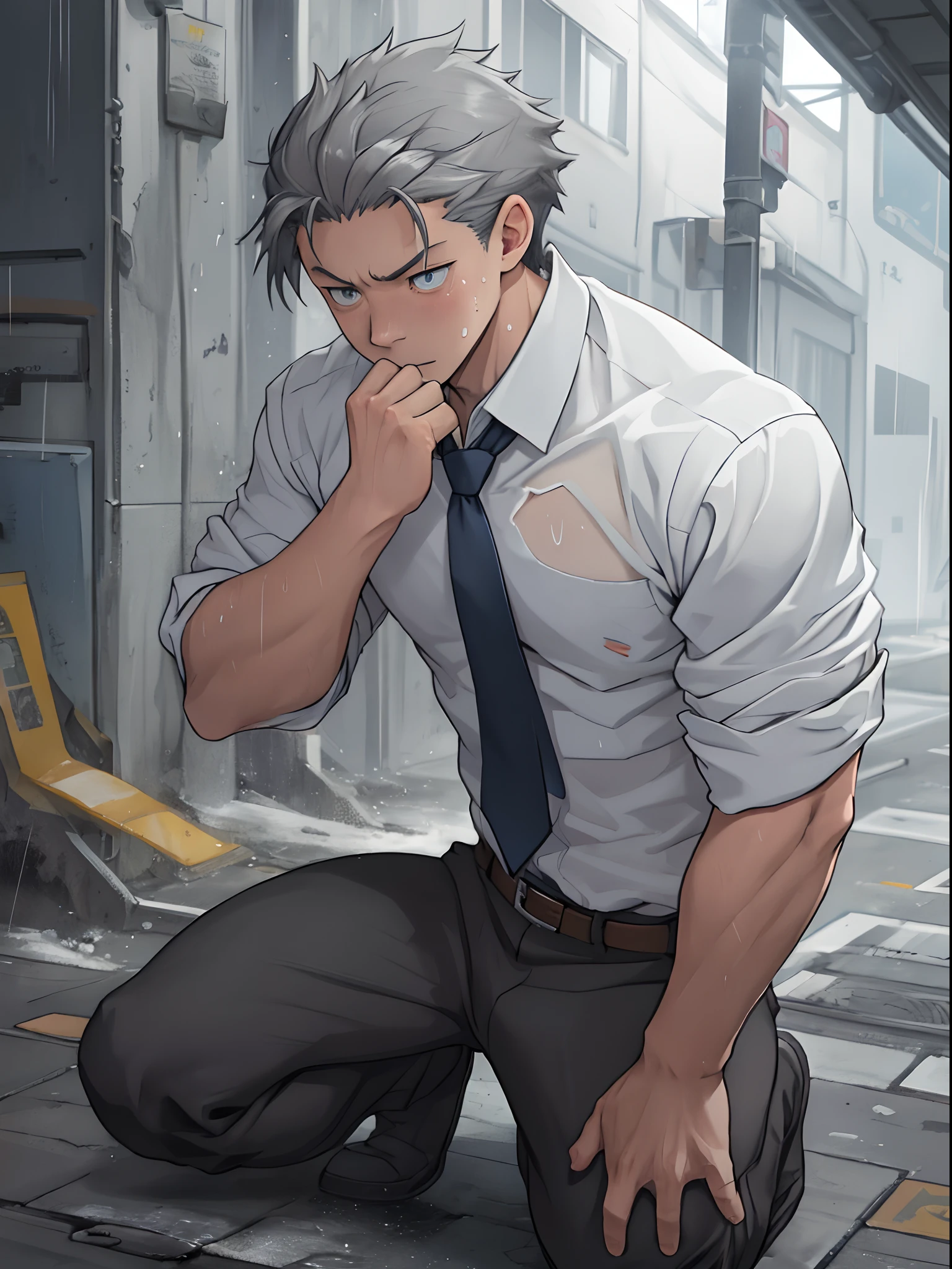 (1 Adult male),A high resolution, Sharp focus, Pixiv masterpiece, ((Complicated details)), highly detailed, natsuki_subaru, 1 man,Defeat, crestfallen,full bodyesbian,kneels on the ground, Sweaty crotch,Drenched,rain,The shirt is soaked,(A gesture of pleading),blue color eyes(eyes glowing), Short gray hair,white shirt,Wear a tie,Wear a belt,perspire,look from down