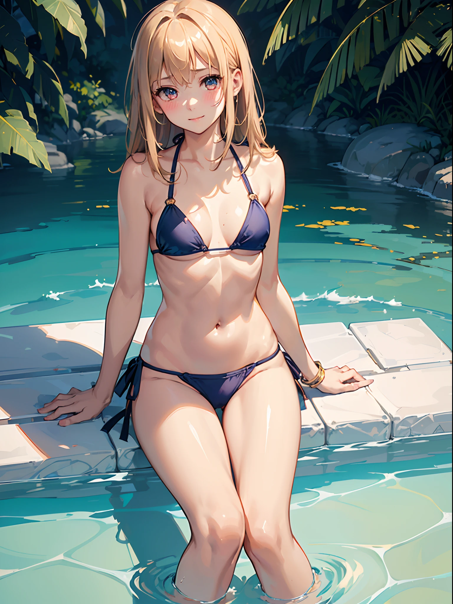 (masterpiece), (top-quality), (Ultra Small Bikini:1.5), (blushed face:1.3), (hide crotch with both hands:1.3), (Spilling boobs:1.4), (realistic:1.2), under the boobs, side boob is visible, naked, 1 , precise hands, Embarrassed look, Smile, Very cute girl, s, Shining eyes, (The bikini is about to come off:1.5), small breast, Tummy is visible, cleavage of the breast is visible, the lower abdomen is visible, The crotch is visible, The beautiful skin, ultra-definition, Top resolution, japan high school student, golden hair