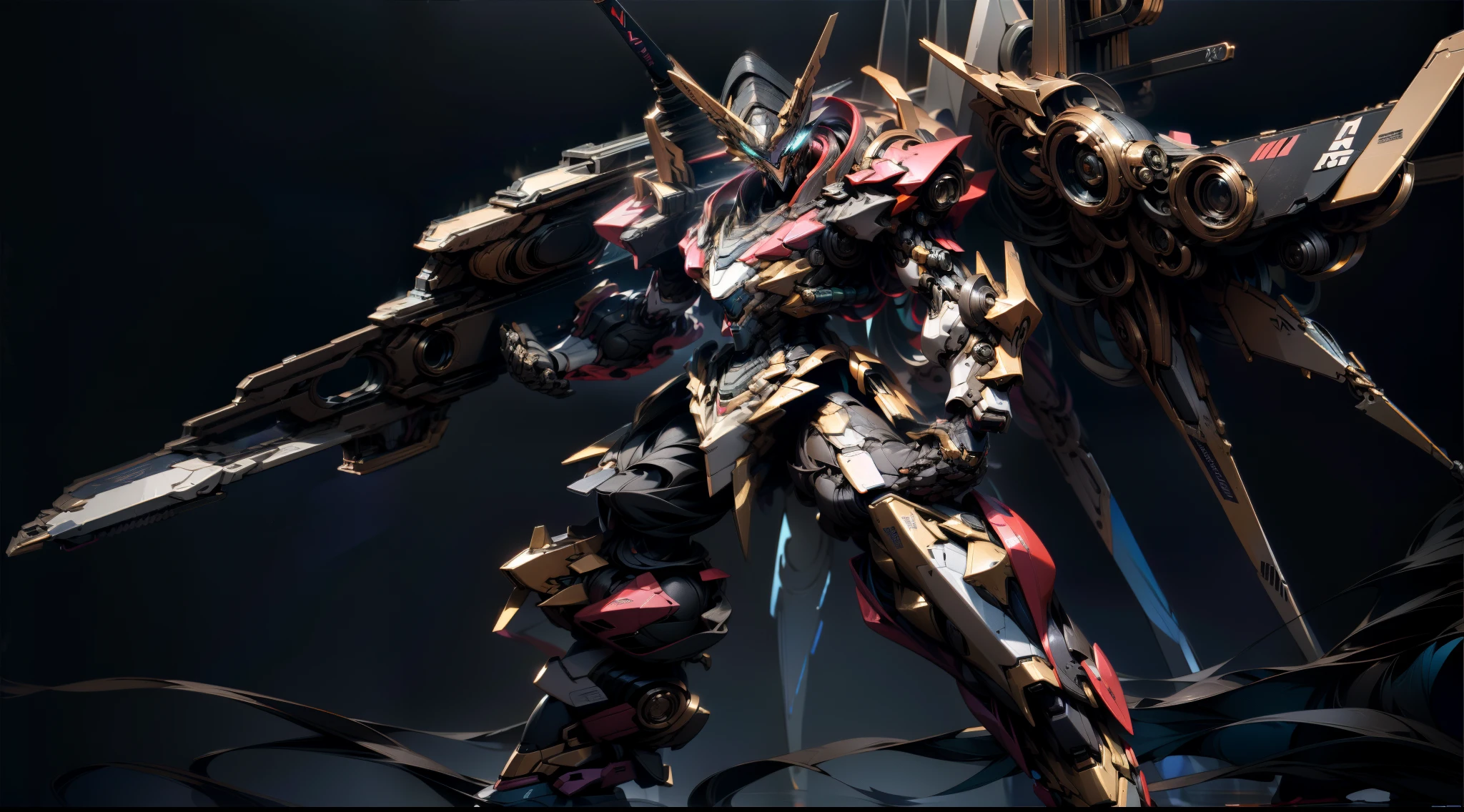 best qualtiy，tmasterpiece，Extremely refined and beautiful，Extremely detailed 8K，finely detailled，tmasterpiece，Best quality at best，8k wallpaper，High quality texture，Complicated details，Detailed texture，Highqualityshadow，Gray black cosmic background，Pedestrian Gundam （Full of technology），The Freedom Gundam is well built，He has a pair of archangel wings on his back，Hands，holding a weapon，Maintain a fighting stance