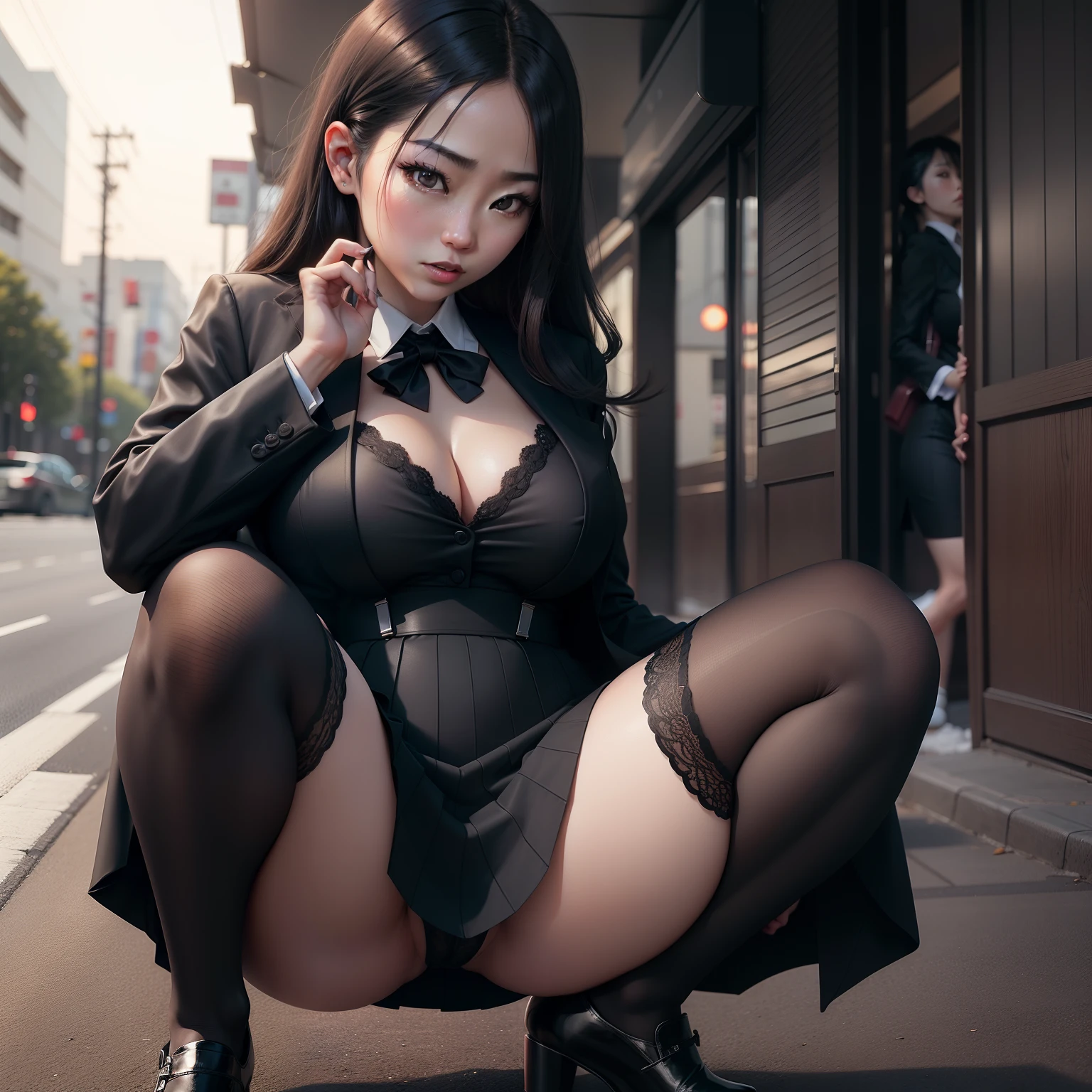 a young, Beautiful and sexy Japanese female secretary，（Realistic photo),8K，Sexy black lingerie，Wear black suspender stockings on your legs，Black lace panties，Bigboobs，She was squatting alone by the side of the road，See the bottom of the skirt