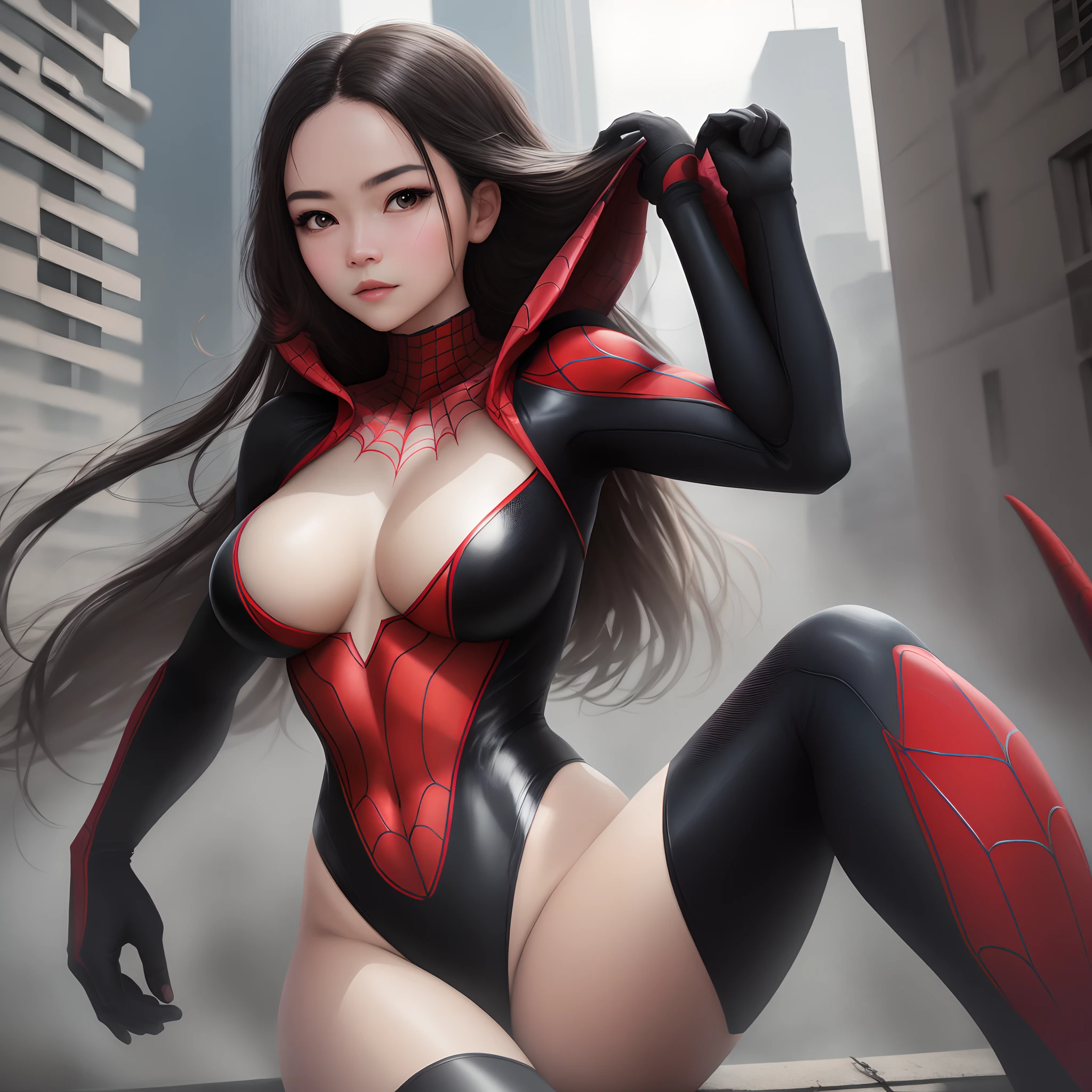 (1girl:1.3), 独奏, (((very vey very detailed face))),((very detailed eyes and faces))),beatiful detailed eyes,Body parts__,offcial art,Unified 8k wallpaper,ultra-detailliert,Beautiful and beautiful,big breasts beautiful,tmasterpiece,best qualtiy,primitive,tmasterpiece,ultra fine photos,best qualtiy,超高分辨率,realisticlying,rays of sunshine,full-body portraits,stunningly beautiful,,dynamicposes,delicated face,vibrant eyes,(from the front side), she is in a spider-man suit,Red and black color scheme,arachne,Very detailed city roof background, Roof,looking over city,详细的脸,detailed complex busy background,untidy,opulent,milkyW,highly detailedskin,Realistic details of skin,Visible pores,Clear focus,volume fog,8k uhd,digital SLR camera,high qulity,filmgrain,White