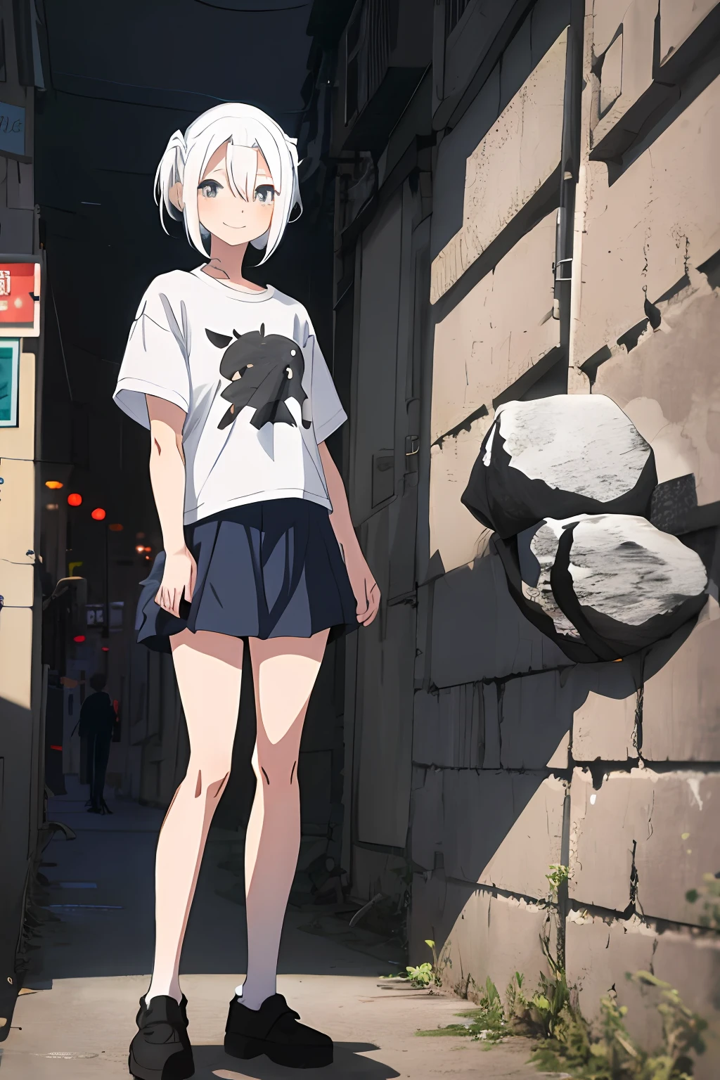 Anime girl, Square hairstyle, White hair, Smile, shirt, No clothes in the 2000s