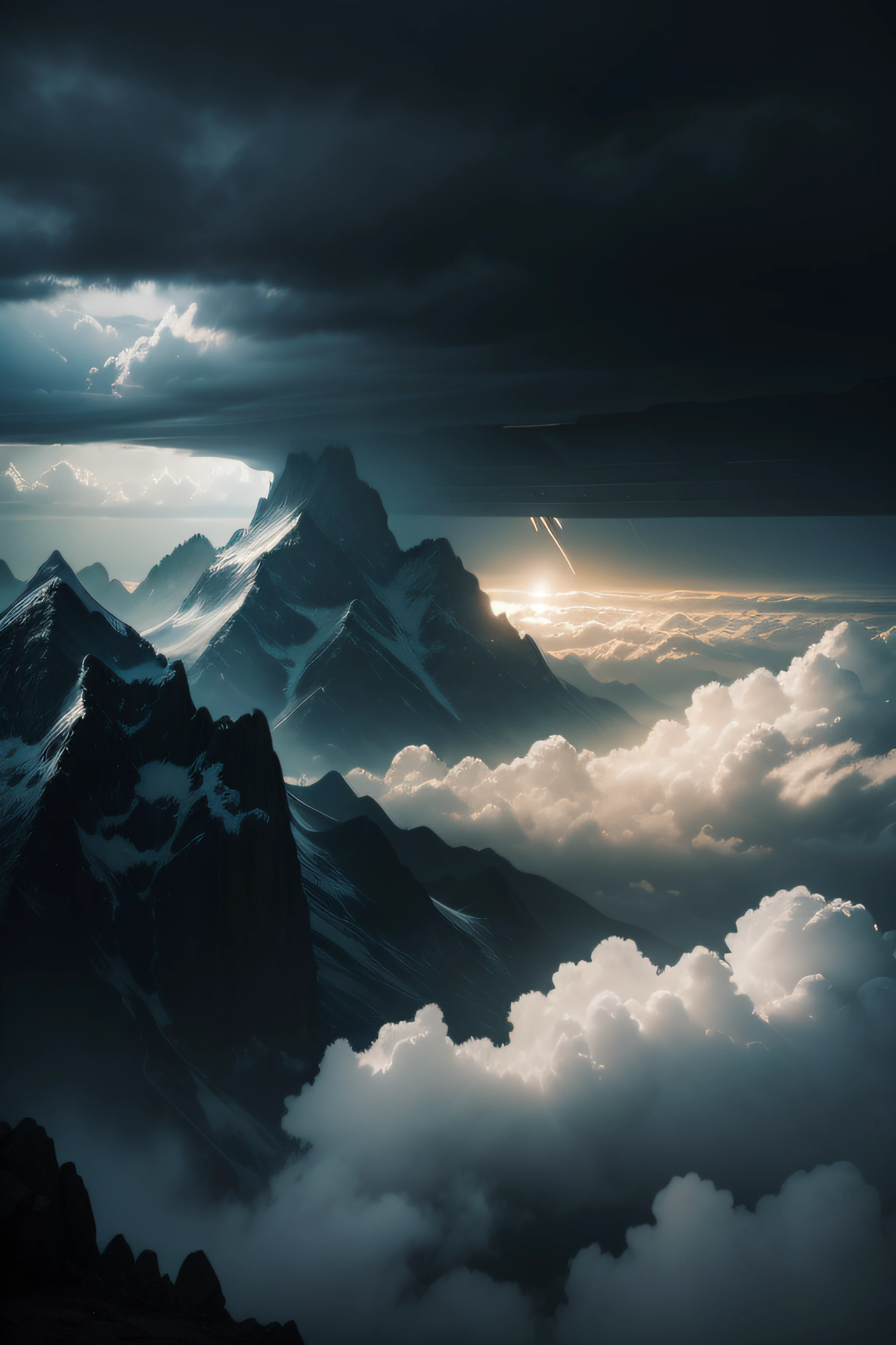 realistic photo, dark clouds, light strikes on the left, a bit rain, 5000 above the ground, only clouds on background