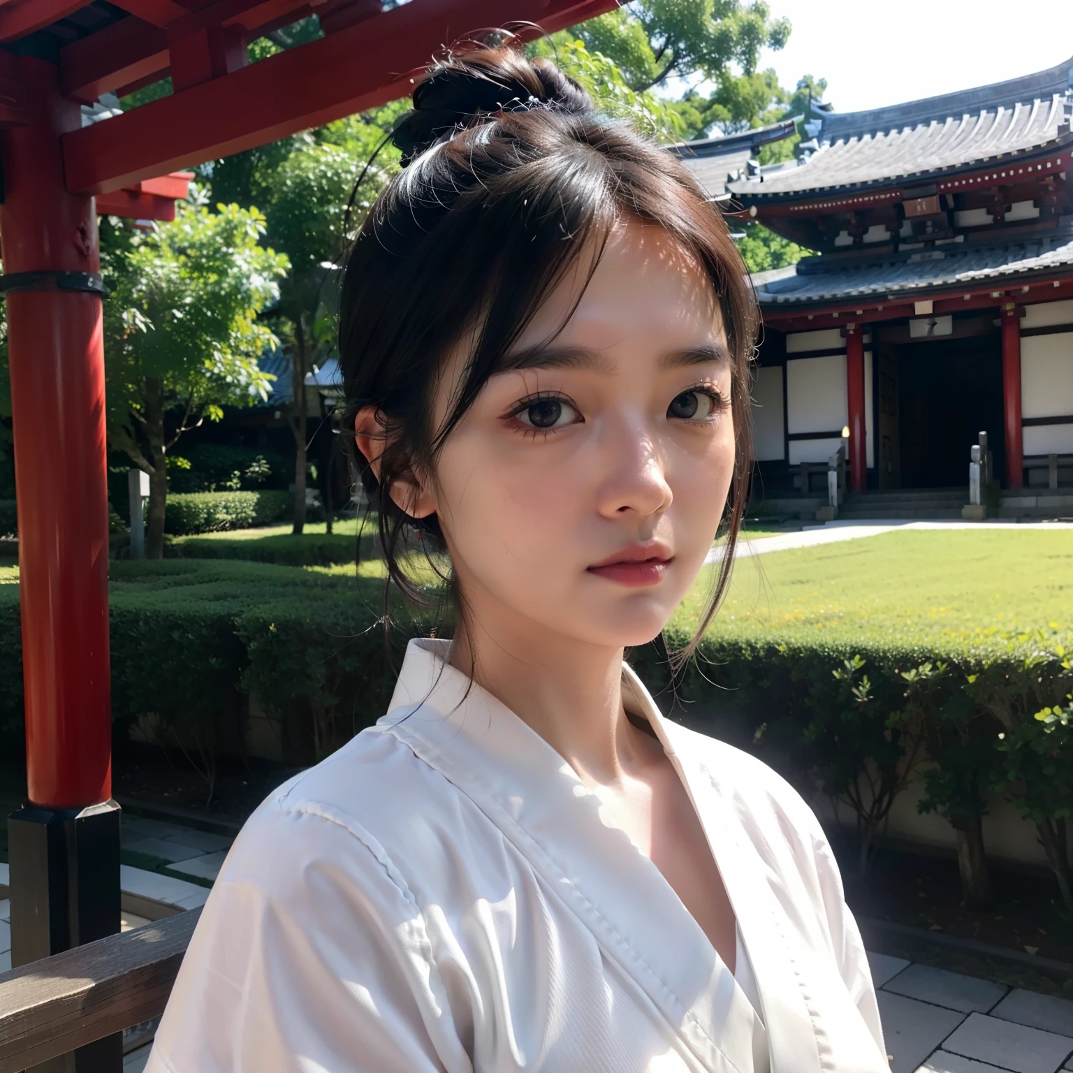 ((top-quality))、((​masterpiece))、(ighly detailed:1.3)、HDR(HighDynamicRange)、Ray traching、nvidia RTX、Hyper-Resolution、Unreal 5、sub-surface Scattering、PBR Textures、post processed、Anisotropy Filtering、depth of fields、Maximum sharpness and sharpness、 multi-layer texture、Albedo and specular mapping、Surface Shading、Accurate simulation of light-material interactions、Perfect Ratios、octane renderings、Duotone lighting、Low ISO、White Balance、thirds rule、Large aperture、8K RAW、high efficiency sub-pixel、sub-pixel convolution、Luminescent particles、light scattering、Tindall Effect、one beautiful women、Sad face、Beautiful facial features、Eyes are double、Worship at a temple in Japan、Bright sunshine、Kimono appearance、Scenery with a Japanese atmosphere、temple、Buddha、Eyebrow thinning、
