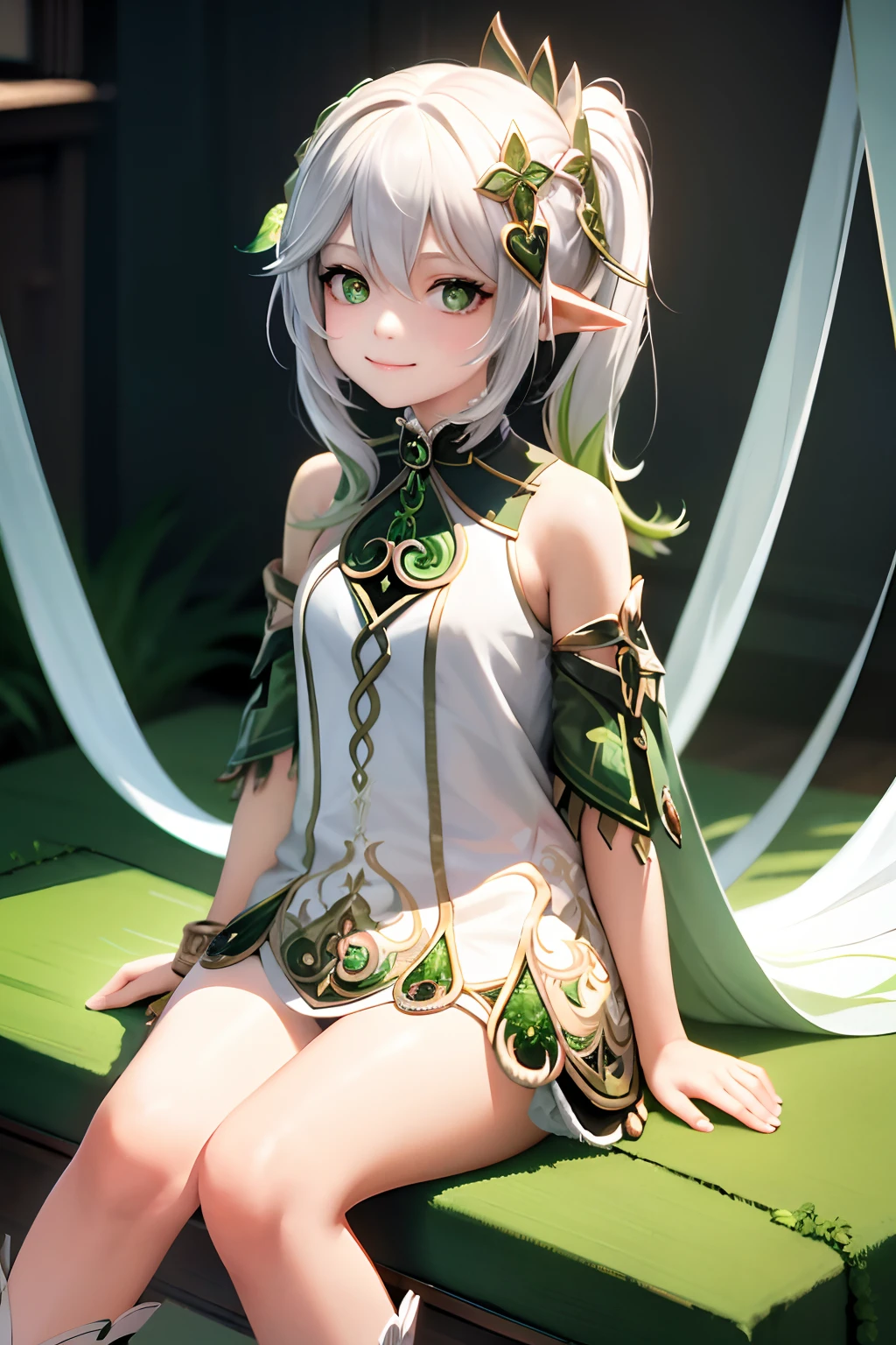 Masterpiece, Best quality, Sitting,full bodyesbian,1girll,Nahida \(Genshin Impact\),White hair,multicolored hair, Side ponytail,hair adornments,Green eyes,pupils in symbol shapes,Pointy ears, jewelry, Detached sleeves,toeless legwear,greybackground, Smile