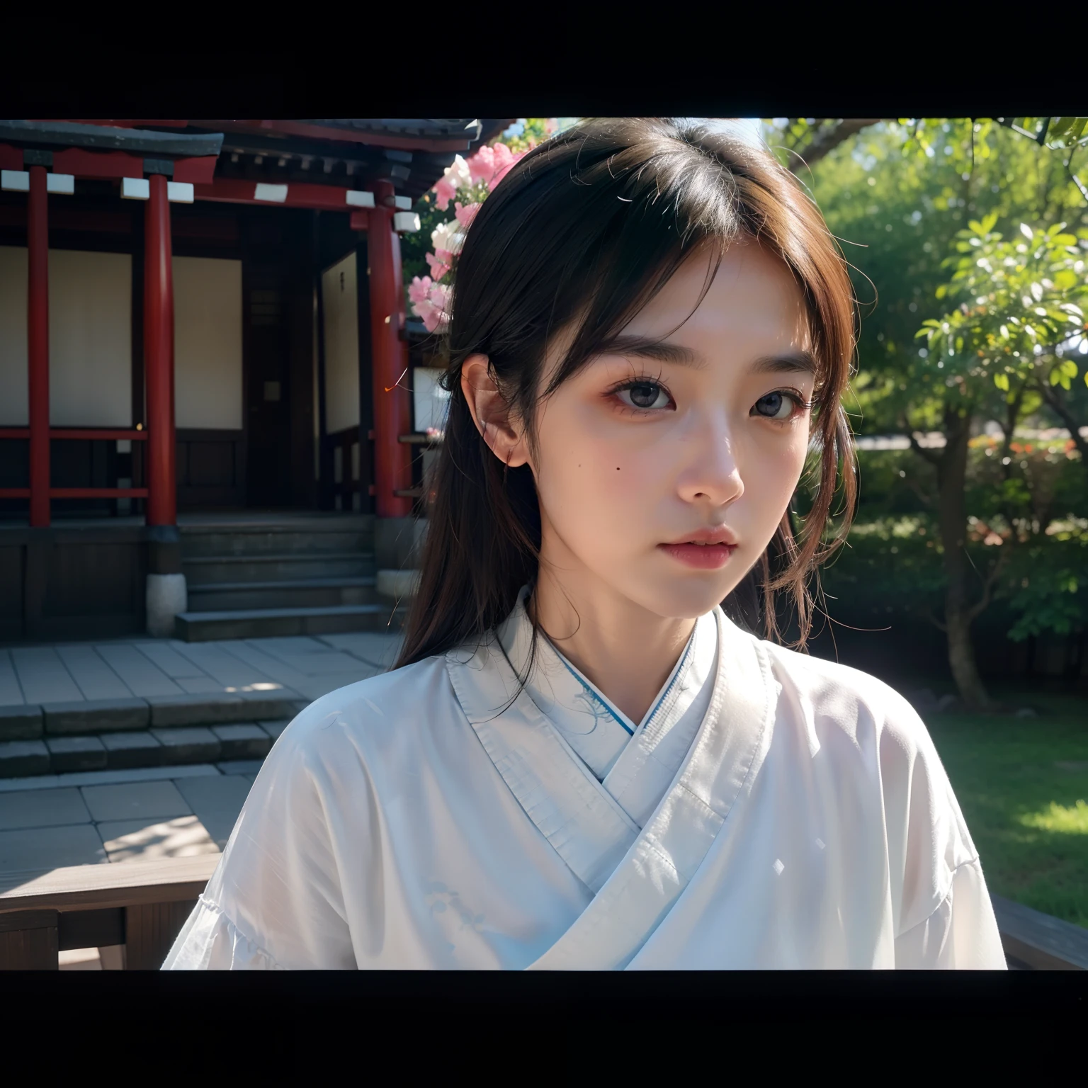 ((top-quality))、((masterpiece))、(ighly detailed:1.3)、HDR(HighDynamicRange)、Ray traching、nvidia RTX、Hyper-Resolution、Unreal 5、sub-surface Scattering、PBR Textures、post processed、Anisotropy Filtering、depth of fields、Maximum sharpness and sharpness、 multi-layer texture、Albedo and specular mapping、Surface Shading、Accurate simulation of light-material interactions、Perfect Ratios、octane renderings、Duotone lighting、Low ISO、White Balance、thirds rule、Large aperture、8K RAW、high efficiency sub-pixel、sub-pixel convolution、Luminescent particles、light scattering、Tindall Effect、one beautiful women、Sad face、Beautiful facial features、Eyes are double、Worship at a temple in Japan、Bright sunshine、Kimono appearance、Scenery with a Japanese atmosphere、temple、Buddha、Eyebrow thinning、