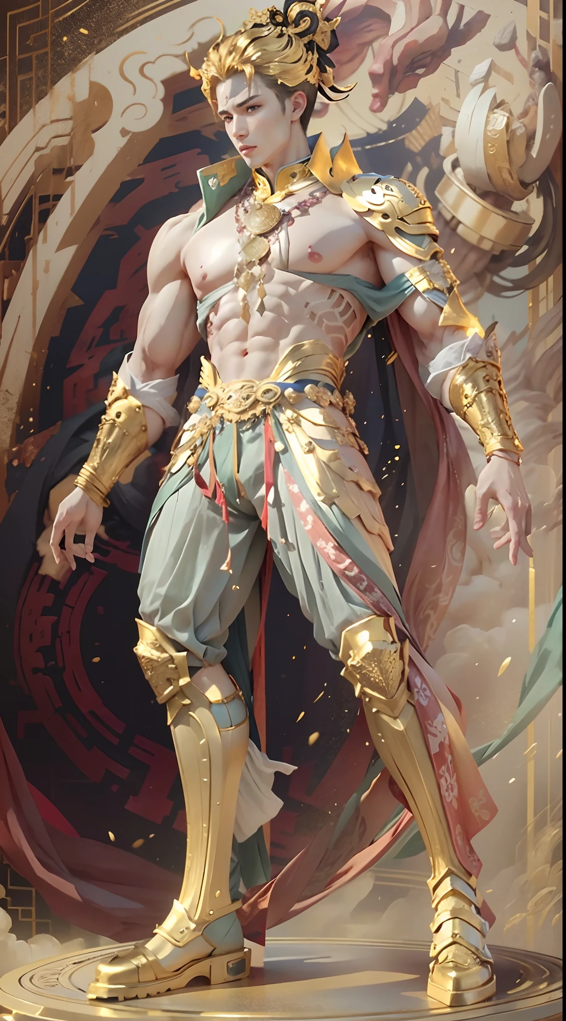 Sculpture design,male people,Figures,GK model,(The whole body of the character),Expose muscles,(sexy for),(Exquisite base),The colors of the clothes are gold and white,Transparent texture,Wu Yifan,musculous