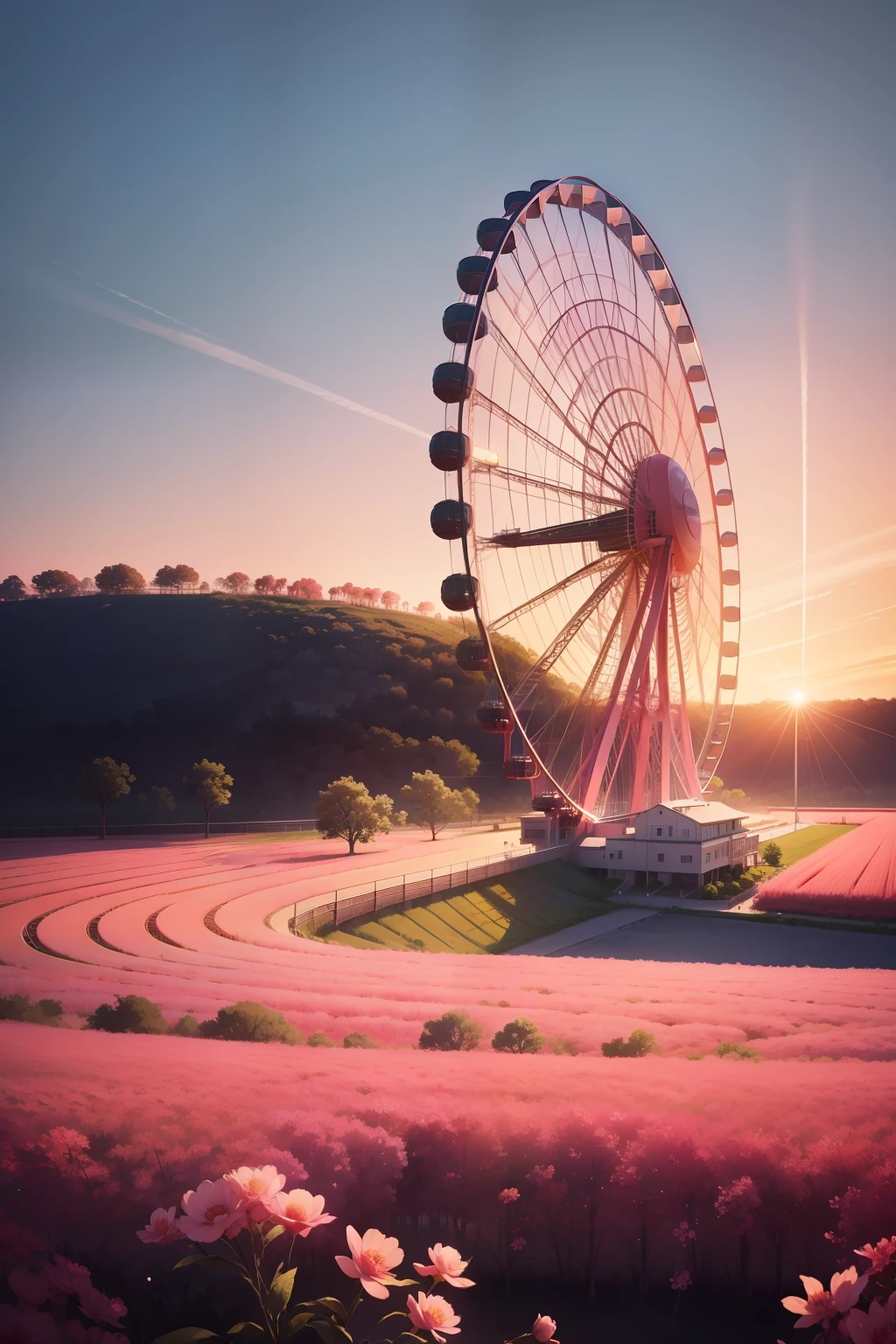 10,000 acres of peach forest, in pink:1.2), he Ferris wheel, scenecy，Super realistic picture level