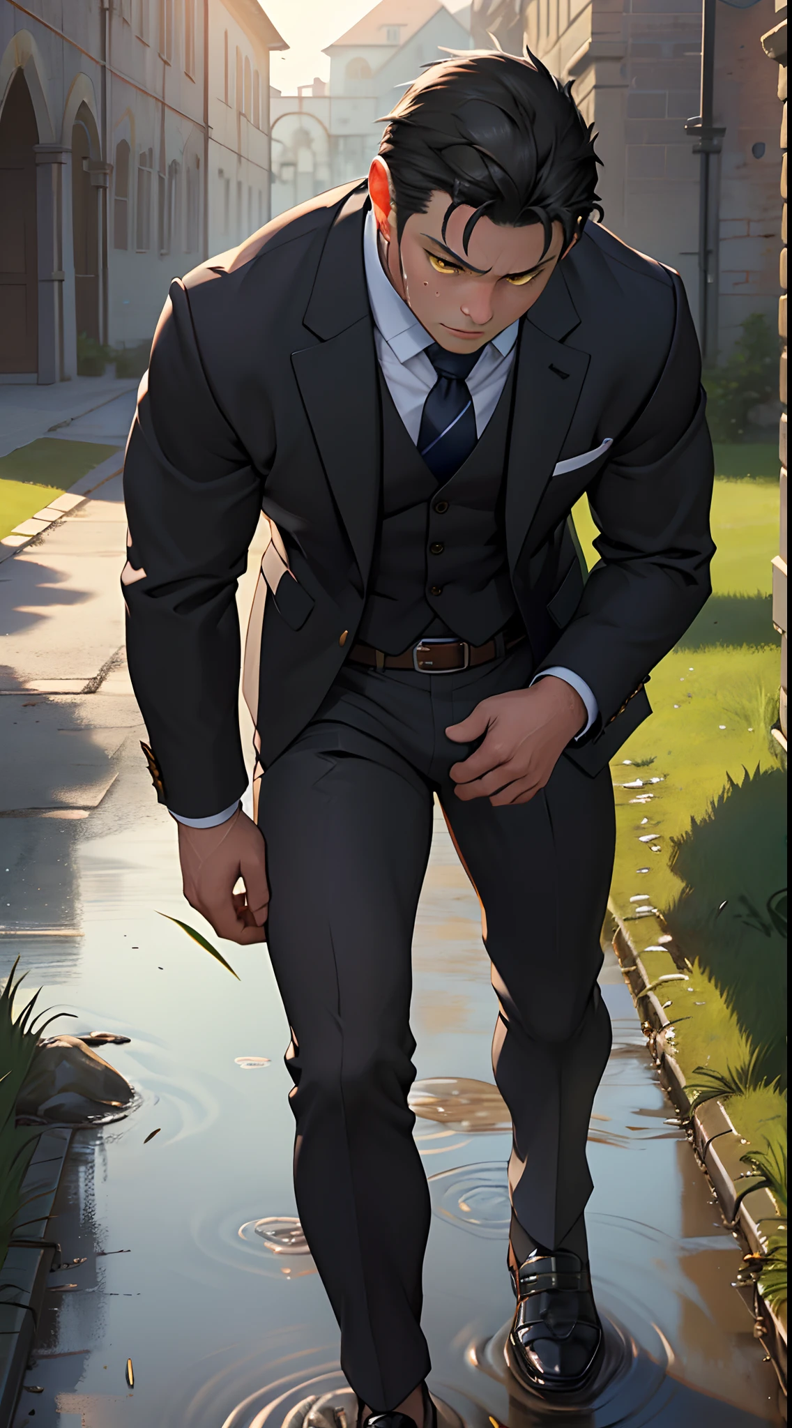 A3R1, Hector Fey ,Look more at the upper body,Suit trousers view,legs separated,A3R1,pissing,Pee yourself,His own urine ran down his thighs,perfect male figure, Aerith Gainsborough ,Put your hands in your trouser pockets,Pee from his legs,yellow eyes,Surrounded by other people, Stand in a very dirty medieval castle,and the sun was shining brightly,Wear a tie,wearing leather belt,Long Sleeve White Shirt,(The shirt is soaked),Black hair short hair,perspire,Black suit trousers,dress shoes,Nervously bow your head,is shy,embarressed,is shocked,panicking,worry,exteriors,On dry ground, A small puddle of his own urine formed around his feet,Very eager to pee,Wet yourself,Urine discharge,high detal,hentail realism,ultra-realistic realism,three sided view, A masterpiece of careful planning,A high resolution, hyper HD ,anatomy correct,super detailing,best qualtiy,A high resolution,8K