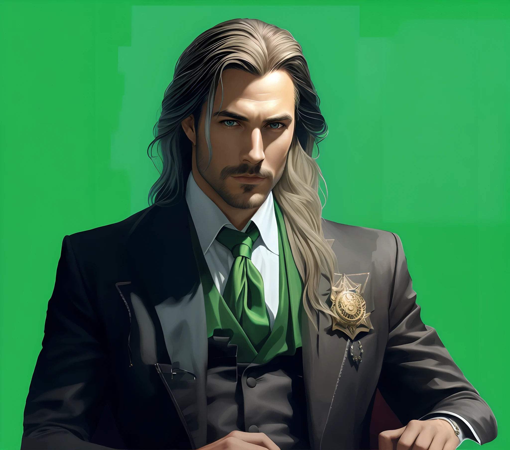 There is a man in a gothic suit and tie holding sitting on a chair on a green background, lcabelos ondulados maravilhosos, casimiro arte, Retrato de fin wildcloak, Epic art of ultra realistic exquisite characters, Stanley Artgerm Lau, retrato masculino da fantasia, amazing portrait of viego, Sylas, bonito impressionante realista, hypnotic, arte de personagem impressionante, papel de prede, arte do personagem masculino humano, arte do retrato do personagem, Stanely Artgerm, Um retrato de um elfo masculino, 8k.