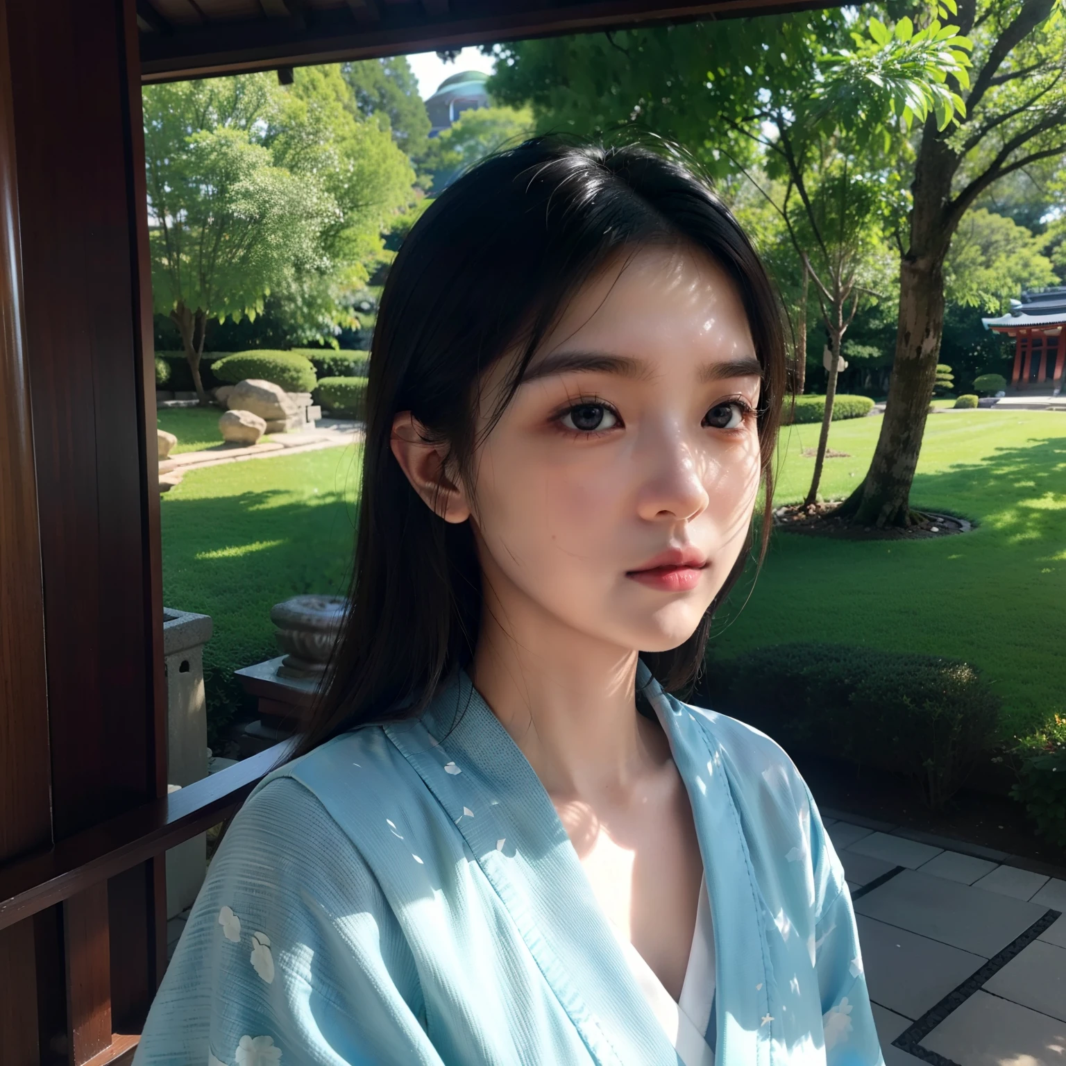 ((top-quality))、((masterpiece))、(ighly detailed:1.3)、HDR(HighDynamicRange)、Ray traching、nvidia RTX、Hyper-Resolution、Unreal 5、sub-surface Scattering、PBR Textures、post processed、Anisotropy Filtering、depth of fields、Maximum sharpness and sharpness、 multi-layer texture、Albedo and specular mapping、Surface Shading、Accurate simulation of light-material interactions、Perfect Ratios、octane renderings、Duotone lighting、Low ISO、White Balance、thirds rule、Large aperture、8K RAW、high efficiency sub-pixel、sub-pixel convolution、Luminescent particles、light scattering、Tindall Effect、one beautiful women、Sad face、Beautiful facial features、Eyes are double、Worship at a temple in Japan、Bright sunshine、Kimono appearance、Scenery with a Japanese atmosphere、temple、Buddha、Eyebrow thinning、