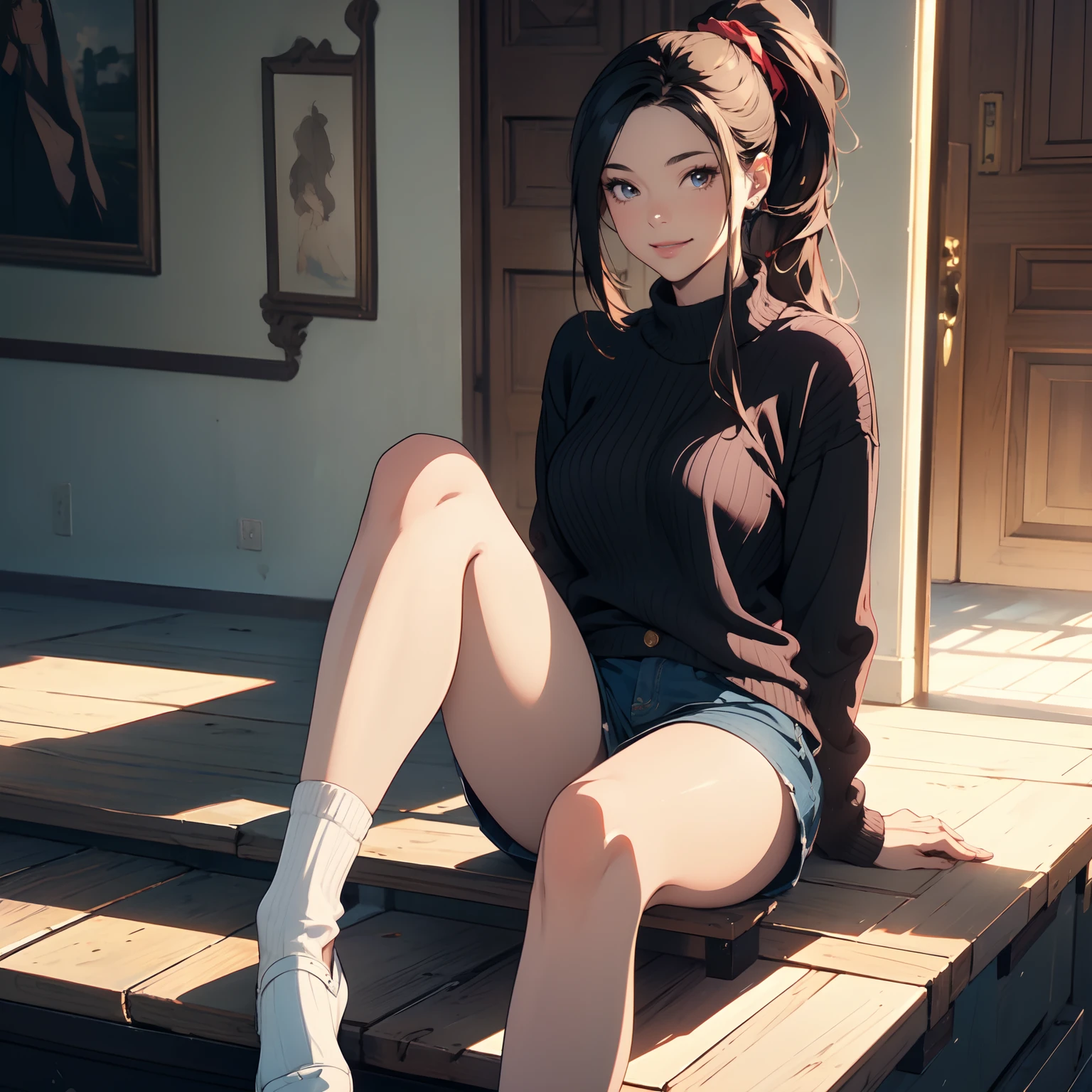 Masterpiece, top quality, best quality, official art, beautiful beauty, realistic, high quality, 4k, rich details, 1girl dominate, beauty, long hair, single ponytail, seductive smile, legs, sweater, sexy, white socks