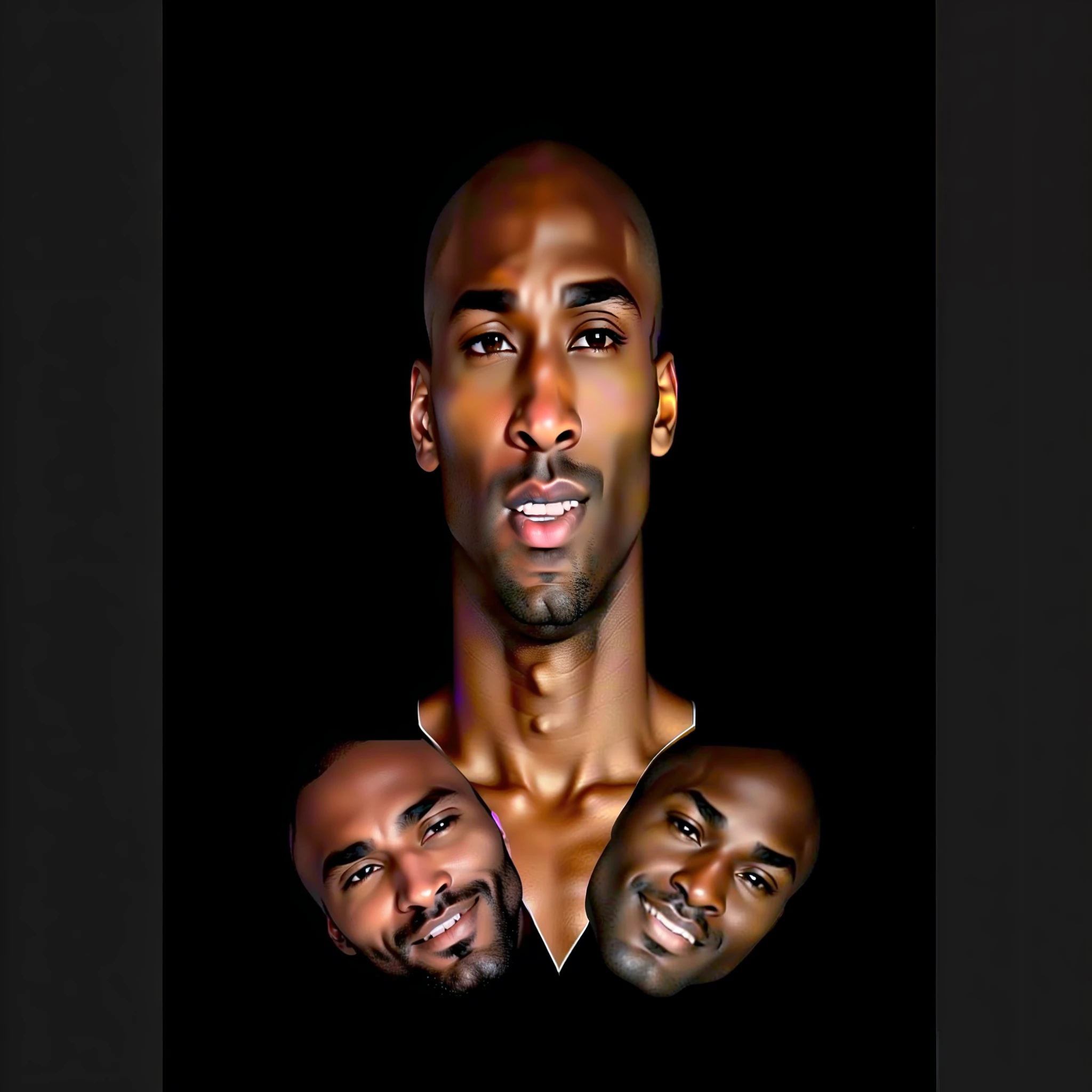 Close-up of a man with three different faces on his face, 3heads, deformation, Kobe bryant, face morph, Face scale, portrait of kobe bryant, Symmetrical face!!!!, hyper-detailed face, There is only one head, Three heads and one body, Surreal!!!, Three heads, only one head single portrait, Only one face, Face symmetry, corrected