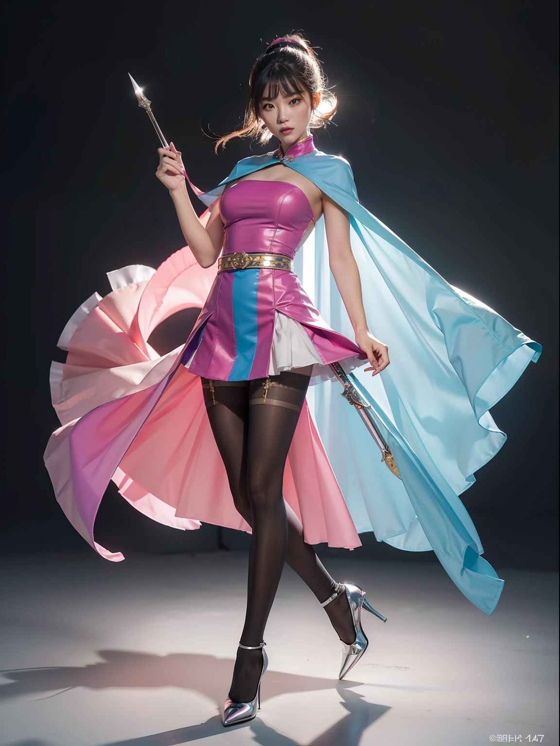(full body:1.5),(looking at viewer:1.4),(anatomy correct:1.3), (Wearing Pantyhose, pointed toe high-heeled, and Chinese Female Fighter Set,And hold weapons:1.2), (Combat posture:1.3),(In pink|amarelo|blue colors|green color|red colour|white colors|black in color|purpleish color|greys|Beige|Flesh color 1.4),(Accurate and perfect face:1.4),(Clothing Gloss:1.3),A shallow laugh,,hyper HD, Ray traching, reflective light,structurally correct, Award-Awarded, high detal, lightand shade contrast, Face lighting,cinmatic lighting, tmasterpiece, super detailing, high high quality, high detal, best qualityer, 16k,high contrast,
