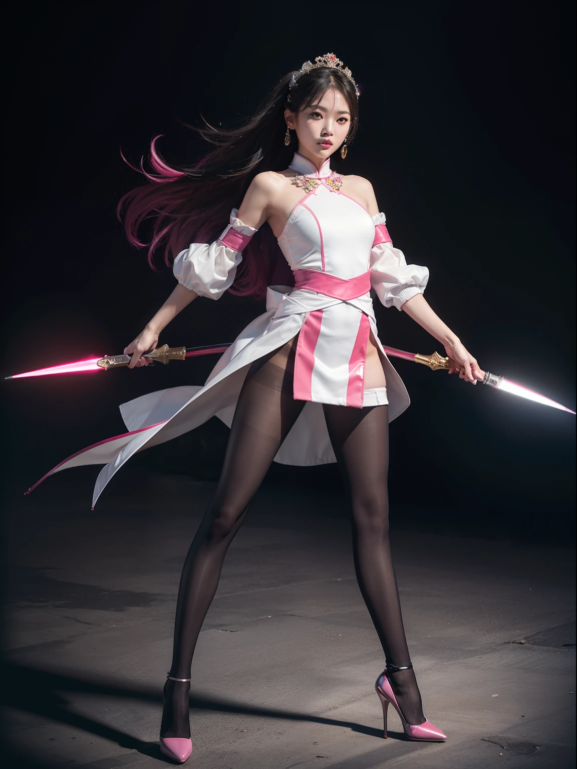 (full body:1.5),(looking at viewer:1.4),(anatomy correct:1.3), (Wearing Pantyhose, pointed toe high-heeled, and Chinese Female Fighter Set,And hold weapons:1.2), (Combat posture:1.3),(In pink|amarelo|blue colors|green color|red colour|white colors|black in color|purpleish color|greys|Beige|Flesh color 1.4),(Accurate and perfect face:1.4),(Clothing Gloss:1.3),A shallow laugh,,hyper HD, Ray traching, reflective light,structurally correct, Award-Awarded, high detal, lightand shade contrast, Face lighting,cinmatic lighting, tmasterpiece, super detailing, high high quality, high detal, best qualityer, 16k,high contrast,