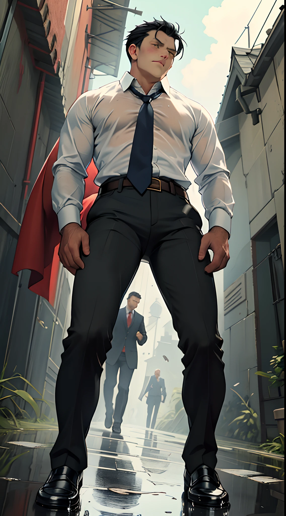 A3R1, Hector Fey ，Look more at the upper body，Suit trousers view，legs separated，A3R1,pissing，Pee yourself，His own urine ran down his thighs，perfect male figure， Aerith Gainsborough ,Put your hands in your trouser pockets，Pee from his legs，yellow eyes，Surrounded by other people， Stand in a very dirty medieval castle，and the sun was shining brightly，Wear a tie，wearing leather belt，Long Sleeve White Shirt，（The shirt is soaked），Black hair short hair，perspire，Black suit trousers，dress shoes，Nervously bow your head，is shy，embarressed，is shocked，panicking，worry，exteriors，On dry ground， A small puddle of his own urine formed around his feet，Very eager to pee，Wet yourself，Urine discharge，high detal，hentail realism，ultra-realistic realism，three sided view， A masterpiece of careful planning，A high resolution， hyper HD ，anatomy correct，super detailing，best qualtiy，A high resolution，8K