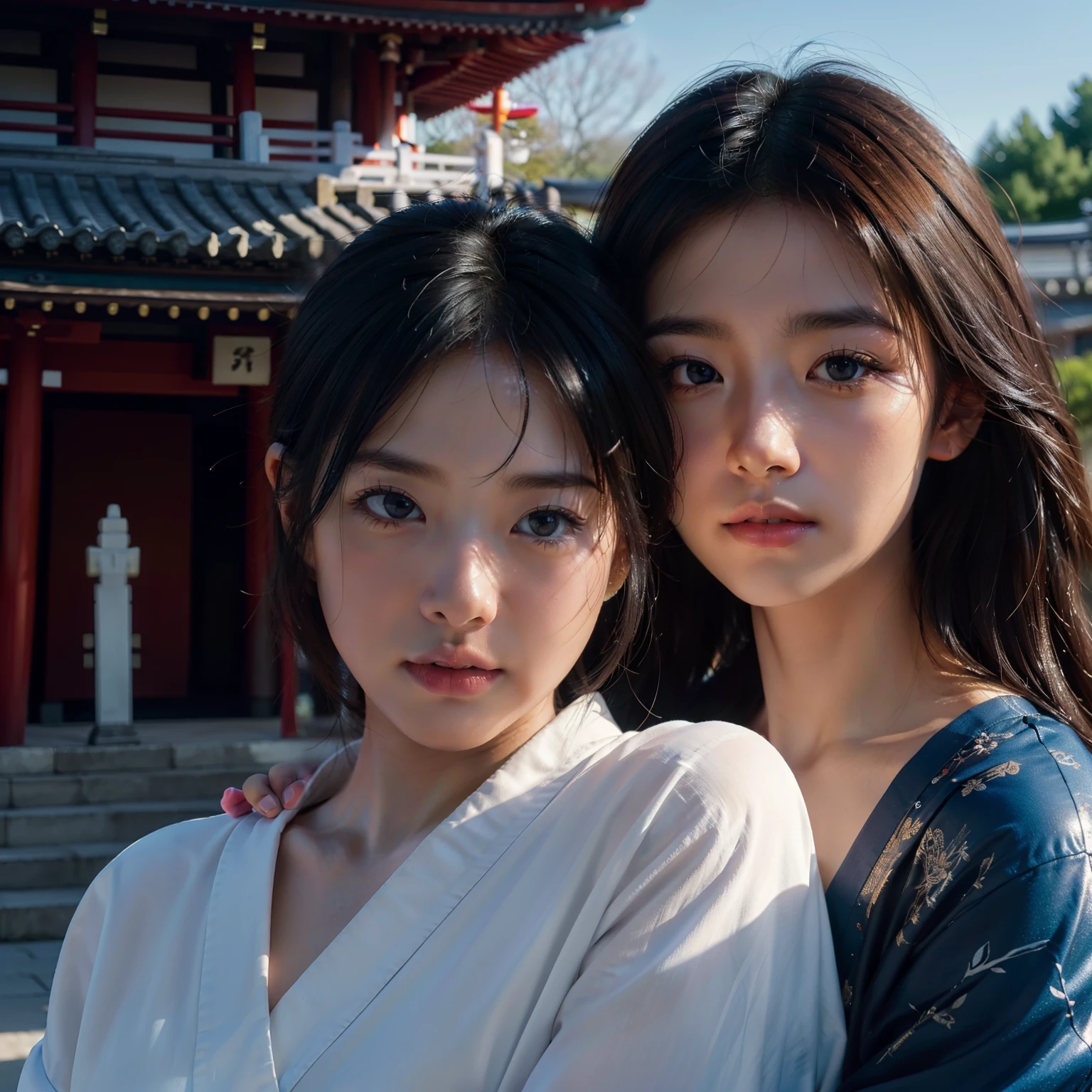((top-quality))、((​masterpiece))、(ighly detailed:1.3)、HDR(HighDynamicRange)、Ray traching、nvidia RTX、Hyper-Resolution、Unreal 5、sub-surface Scattering、PBR Textures、post processed、Anisotropy Filtering、depth of fields、Maximum sharpness and sharpness、 multi-layer texture、Albedo and specular mapping、Surface Shading、Accurate simulation of light-material interactions、Perfect Ratios、octane renderings、Duotone lighting、Low ISO、White Balance、thirds rule、Large aperture、8K RAW、high efficiency sub-pixel、sub-pixel convolution、Luminescent particles、light scattering、Tindall Effect、one beautiful women、Sad face、Beautiful facial features、Eyes are double、Worship at a temple in Japan、Bright sunshine、Kimono appearance、Scenery with a Japanese atmosphere、temple、Buddha、Eyebrow thinning、