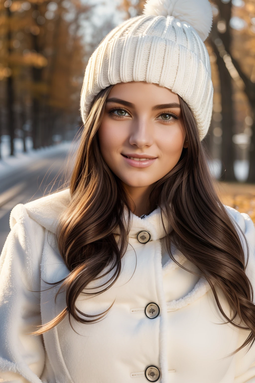 Photography of a beautiful girl, long flowing hair, (((heavy bust))), wearing a white bobble hat, long coat, autumn fluffy scarf, gazing smile at the camera, symmetrical eyes, symmetrical face, photorealistic, photography, path tracing, specular lighting, volumetric face light, path traced hair, visible shadows, shadow mapping, glossiness map, visible reflections