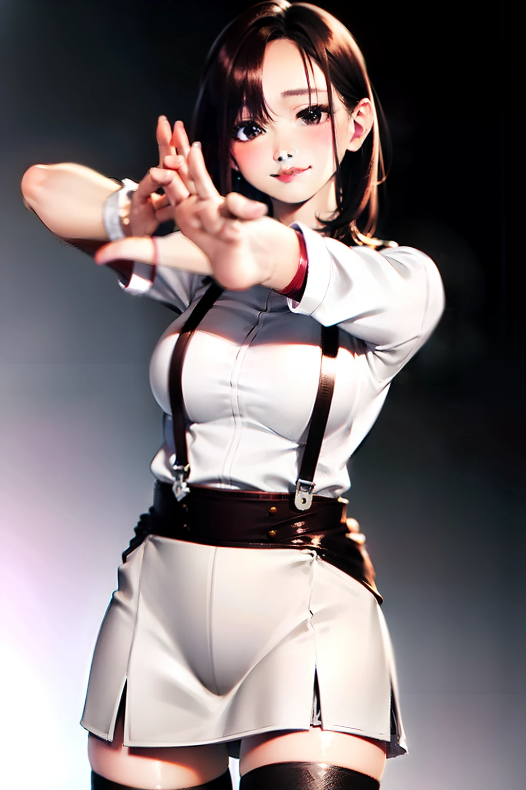 huge-breasted suspenders garterbelts White cutter shirt Black Socks a miniskirt Brown hair length hair Forehead Central Department Armpit sweat Fold your hands behind your head Beautuful Women