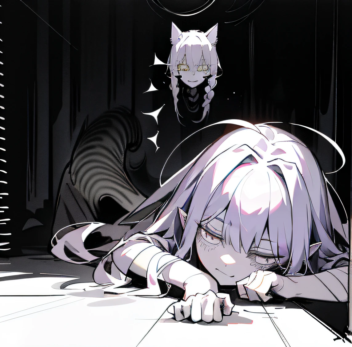 Draw black and white pictures of cats and dogs, tired and haunted expression, tired haunted expression, an exhausted deity, sketch of a lucid dream, Sleep paralysis demon, very sad medusa, My sleep paralyzes the demon, Sleepy, badly drawn, Sleep paralysis monster, nightmare scene, Sketchy, Animate, lurking in the darkness, Dimly lit scene