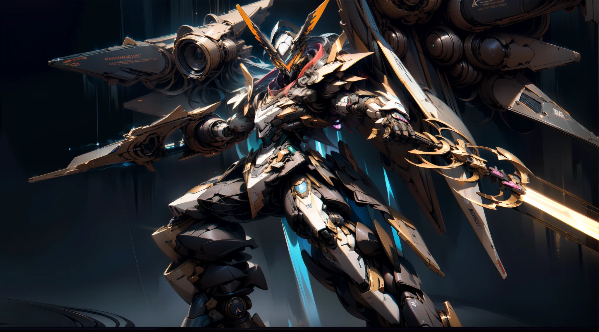 best qualtiy，tmasterpiece，Extremely refined and beautiful，Extremely detailed 8K，finely detailled，tmasterpiece，Best quality at best，8k wallpaper，High quality texture，Complicated details，Detailed texture，Highqualityshadow，Gray black cosmic background，Pedestrian Gundam （Full of technology），The Freedom Gundam is well built，He has a pair of archangel wings on his back，Hands，holding a weapon，Maintain a fighting stance