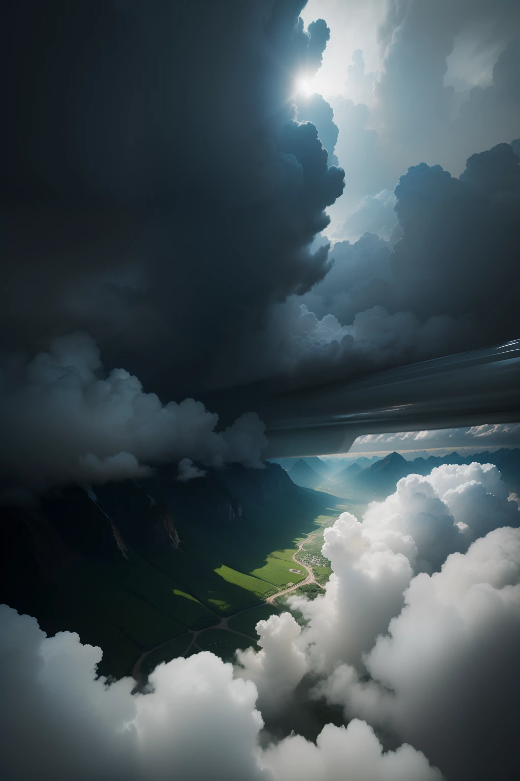 realistic photo, dark clouds, light strikes on the left, a bit rain, 5000 above the ground, only clouds on background, capture between the clouds