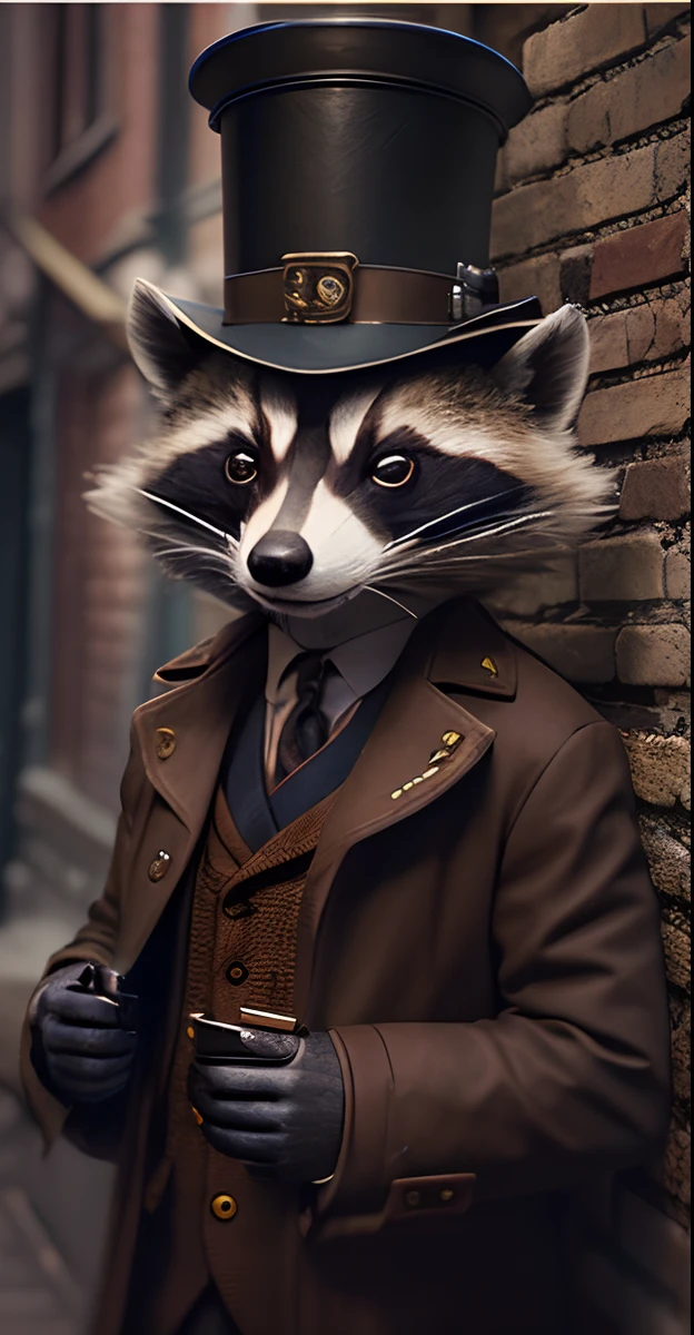 : Envision a dapper raccoon in a detective's attire, complete with a tweed coat, magnifying glass, and a Sherlock Holmes-style hat, standing in a misty alleyway illuminated by the warm glow of a streetlamp. The alley is nestled within a vintage, cobblestone-filled cityscape, with intricate architectural details on the buildings. The air is filled with a sense of mystery and intrigue, as if a captivating puzzle is waiting to be solved. The atmosphere is laden with suspense and anticipation, drawing viewers into a noir-inspired world. Photography, taken with a vintage film camera and a 50mm lens, capturing the atmospheric lighting and architectural textures,