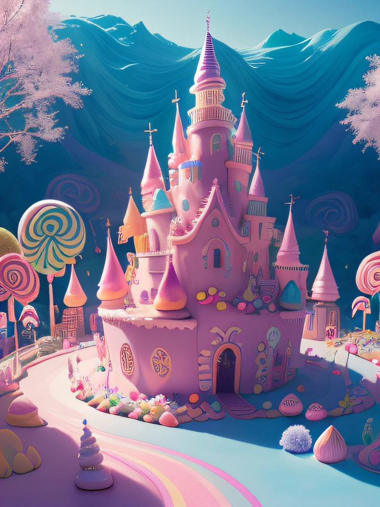 (masutepiece, Best Quality:1.3), an (Enchanted:1.3) (Magical:1.3) (castle), Full background, (candyland:1.5), Ice cream, No humans, Fantasy, rainbow, baloons, Sharp Focus, Colorful, (shiny:1.2), Natural lighting, a cake, candy, Atmosphere, (bloom:0.4), Pastel colors,