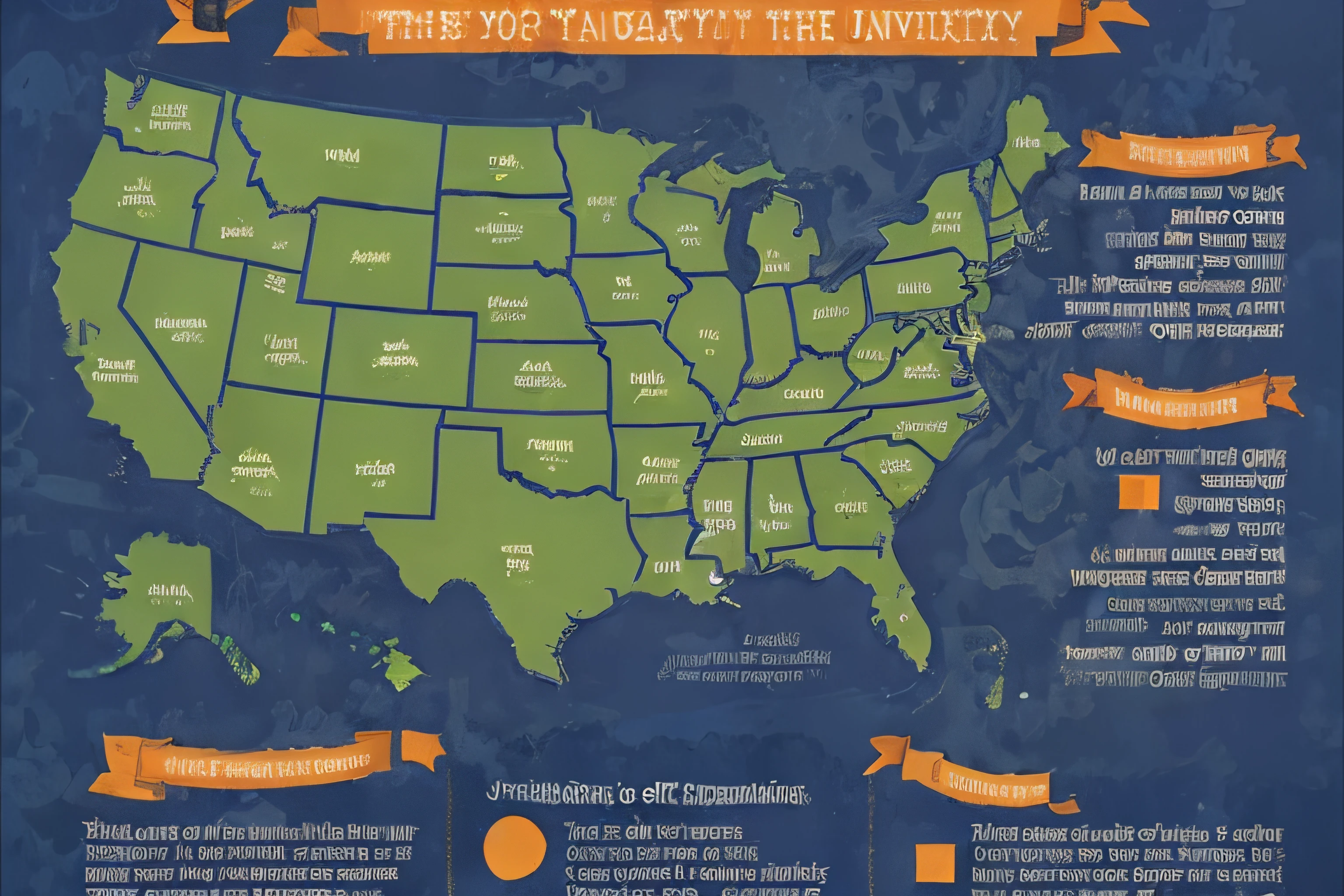 Picture a visually engaging infographic that explores the exciting journey of university intake in the United States. The backdrop of the infographic is a sprawling map of the United States, with each state represented by vibrant colors and intricate details. The map is dotted with iconic landmarks and symbols of knowledge, like books and graduation caps, symbolizing the educational opportunities that await.