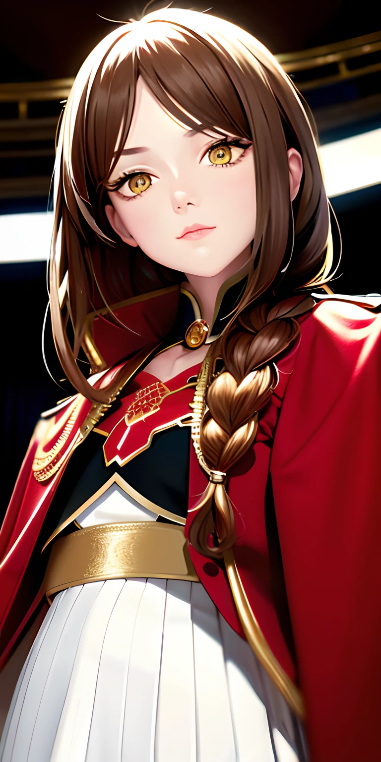 Need,tmasterpiece,brunette color hair,Golden eyes,Redcoat,Look up,The upper part of the body,Hairline,Fair skin,SideBraid