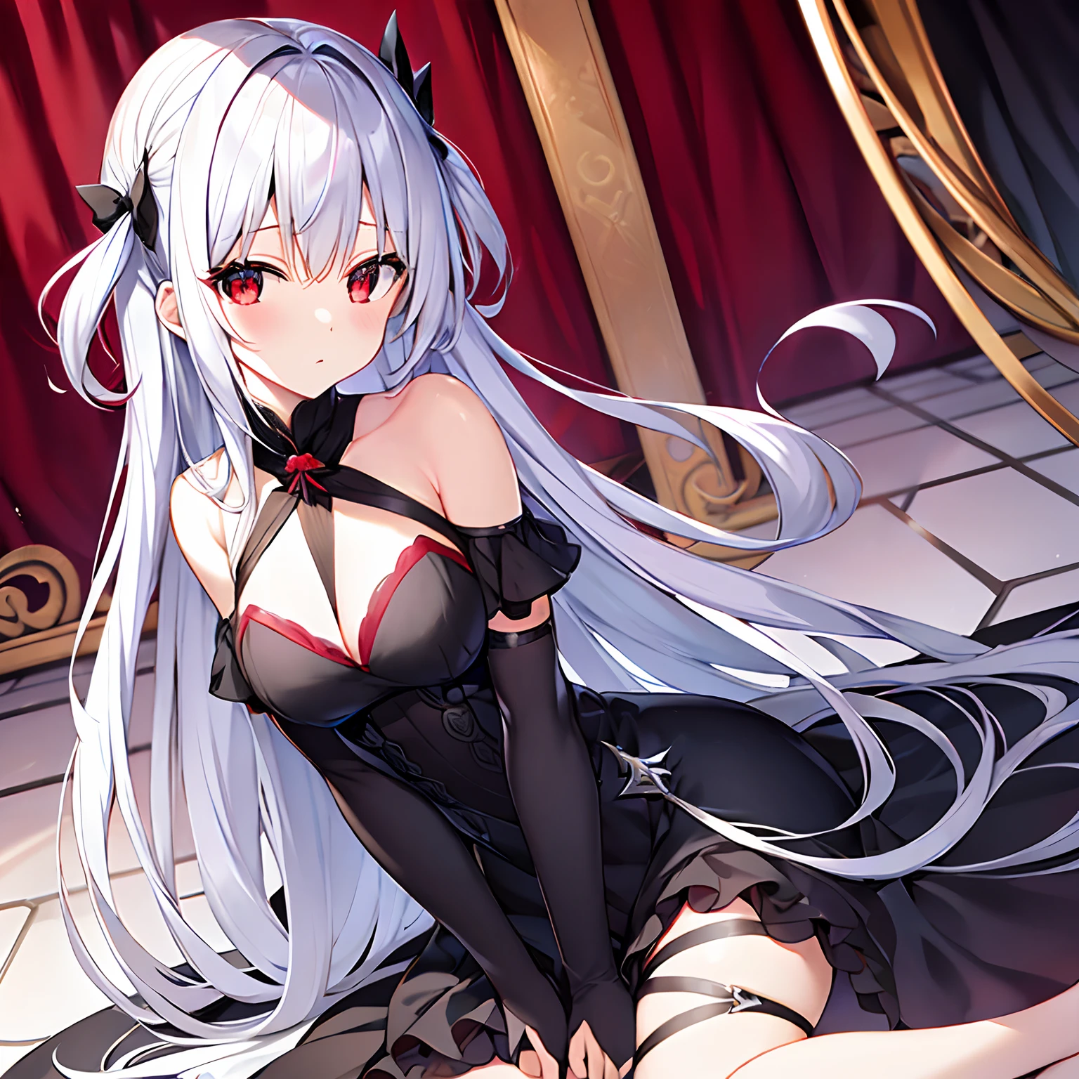 silber hair、red eyes、Beautiful girl alone、独奏、animesque、Black Dress、Black Angel Wings