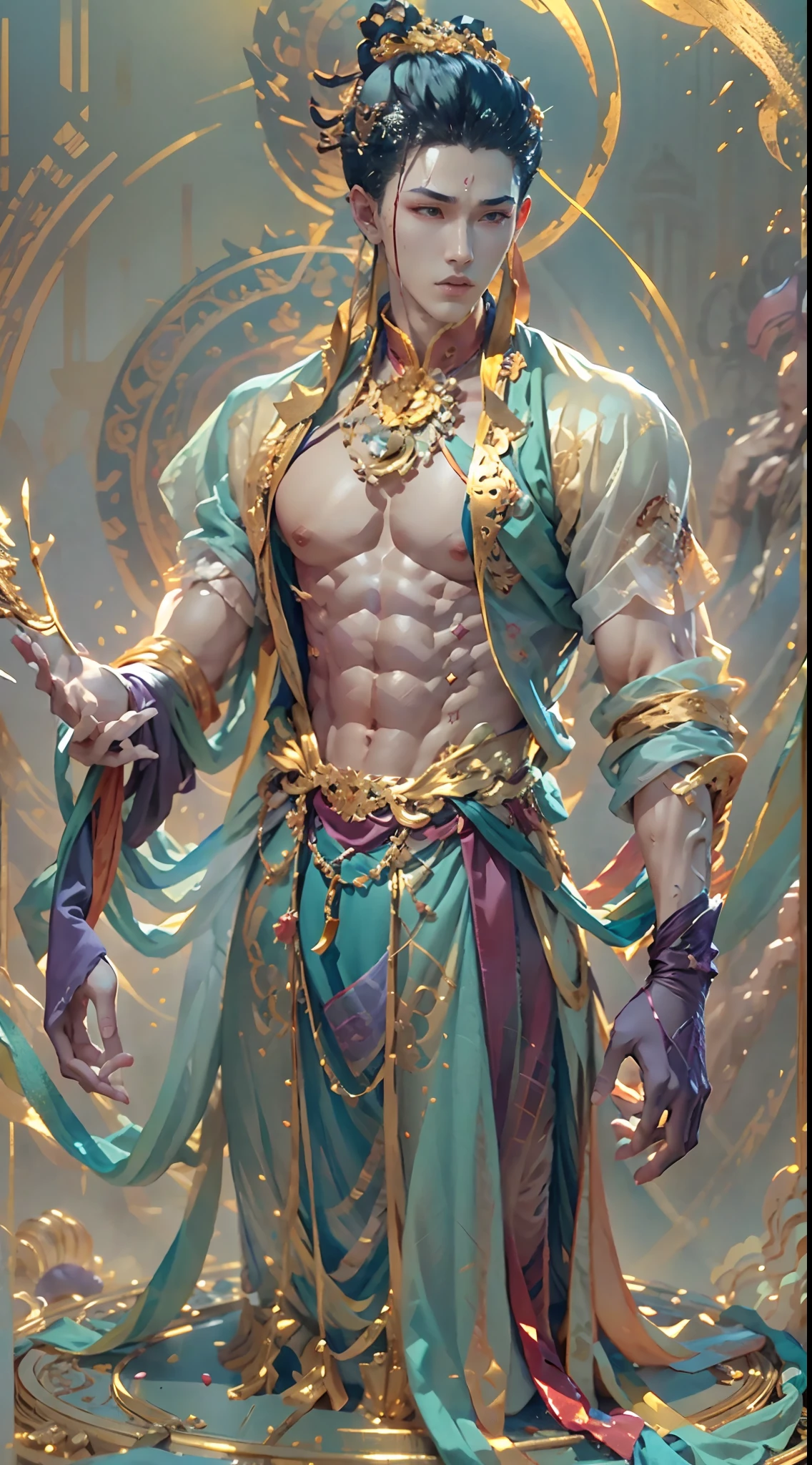 A boy，male people，Sculpture design，Figures，GK model，（The whole body of the character），Expose muscles，（sexy for），（Exquisite base），The color of the clothes is gold，blue and violet，Transparent texture，Wu Yifan，musculous