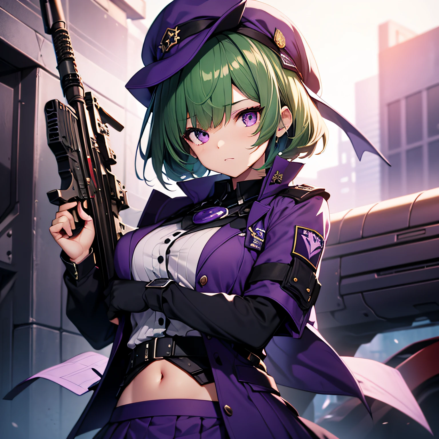 top-quality、extremely delicate and beautiful、(A teenage girl)、Purple Eye、Green hair、short-haired、(Purple pointy hat)、Purple tie、Soio、shortsleeves、Purple skirt、Navel,Tactical Vest、shortsleeves、Purple skirt、((Holding an assault rifle with both hands))、Midnight background