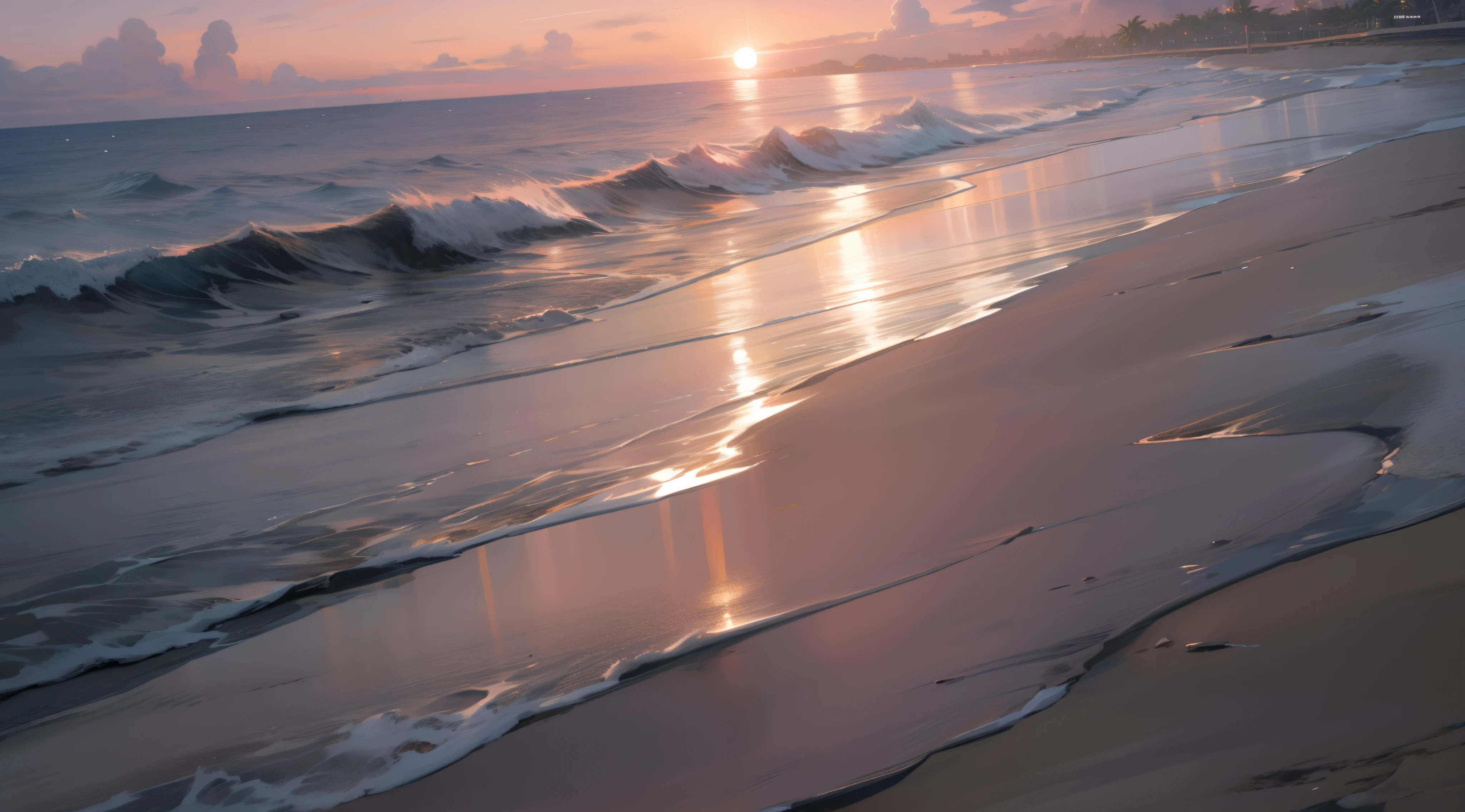 An absolutely mesmerizing sunset on the beach with a mix of orange, pink and yellow in the sky. The water is crystal clear, gently kissing the shore, and the white sand beach stretches as far as the eye can see. The scene is dynamic and breathtaking, with seagulls soaring high in the sky and palm trees gently swaying. Soak up the calm atmosphere and let the tranquility envelope.